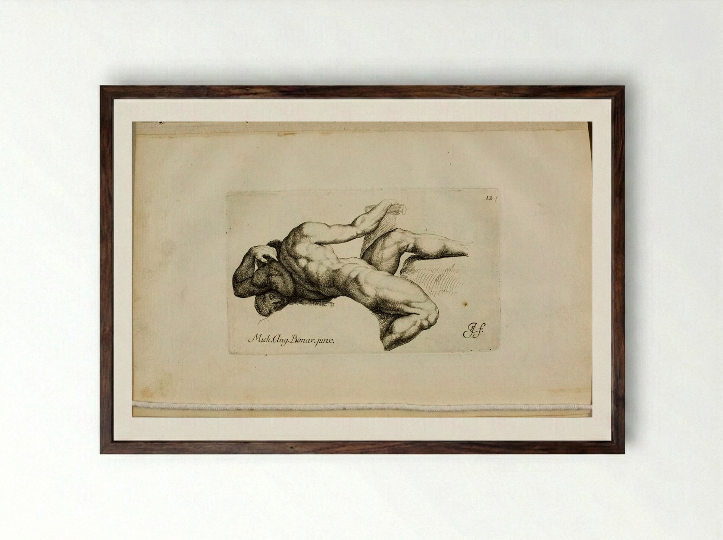 Plate 12: Male Nude, Lying on his Left Side, Seen from the Back, His Hand on a Tiller - Jan de Bisschop - Framed Print Dark Wood