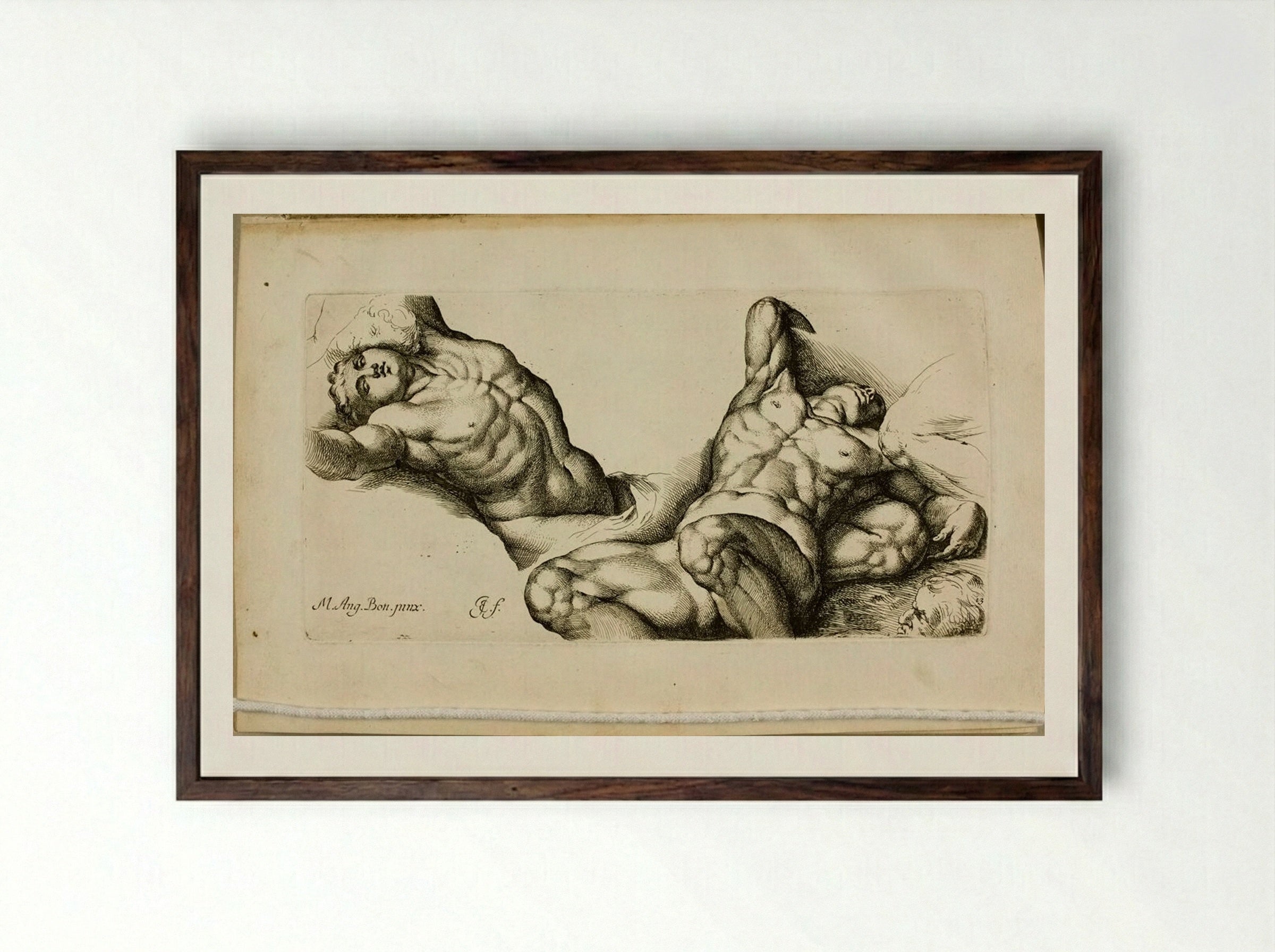 Plate 13: Two Male Nudes Lying on their Backs - Jan de Bisschop - Framed Print Dark Wood
