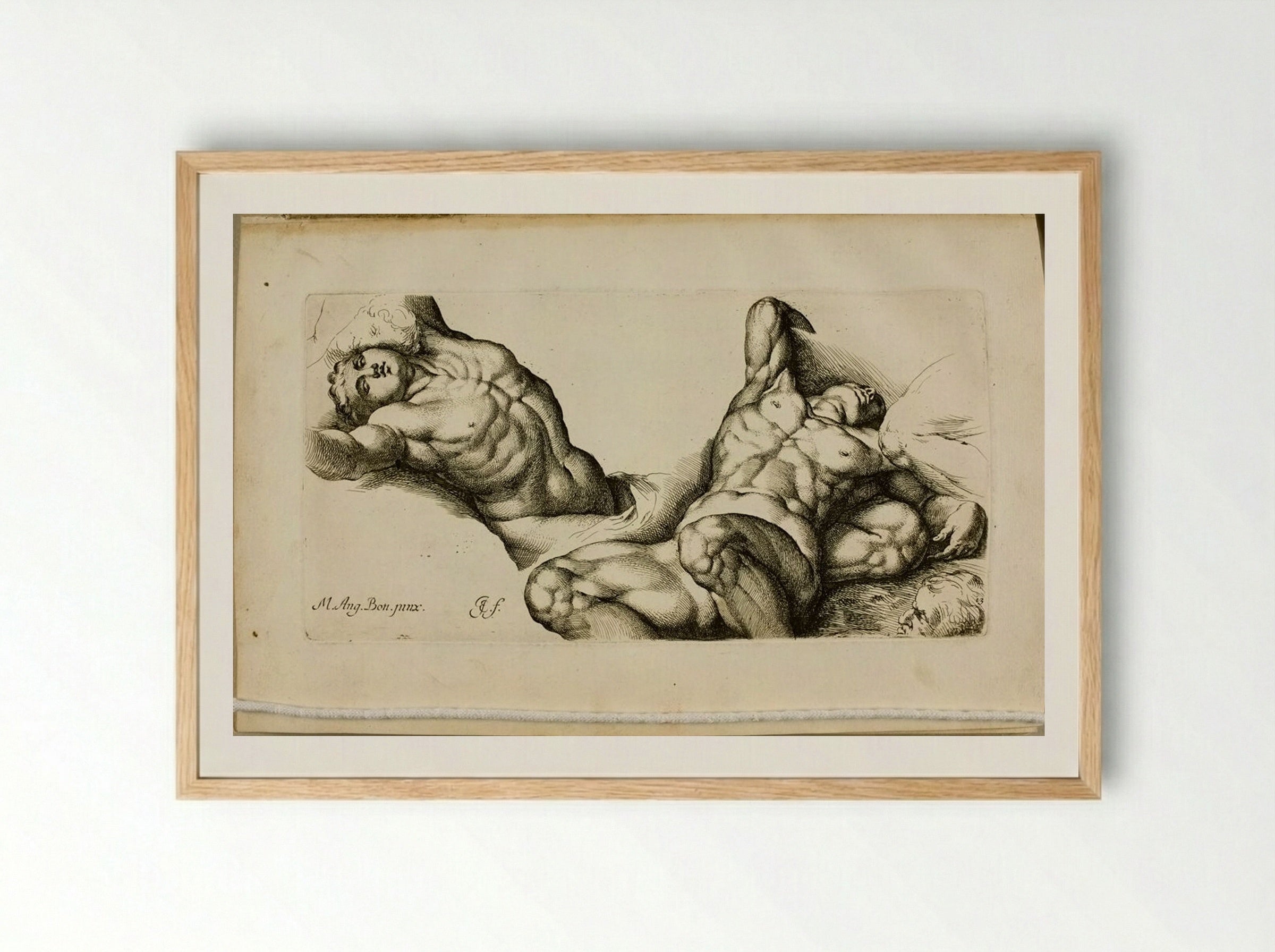 Plate 13: Two Male Nudes Lying on their Backs - Jan de Bisschop - Framed Print Wood