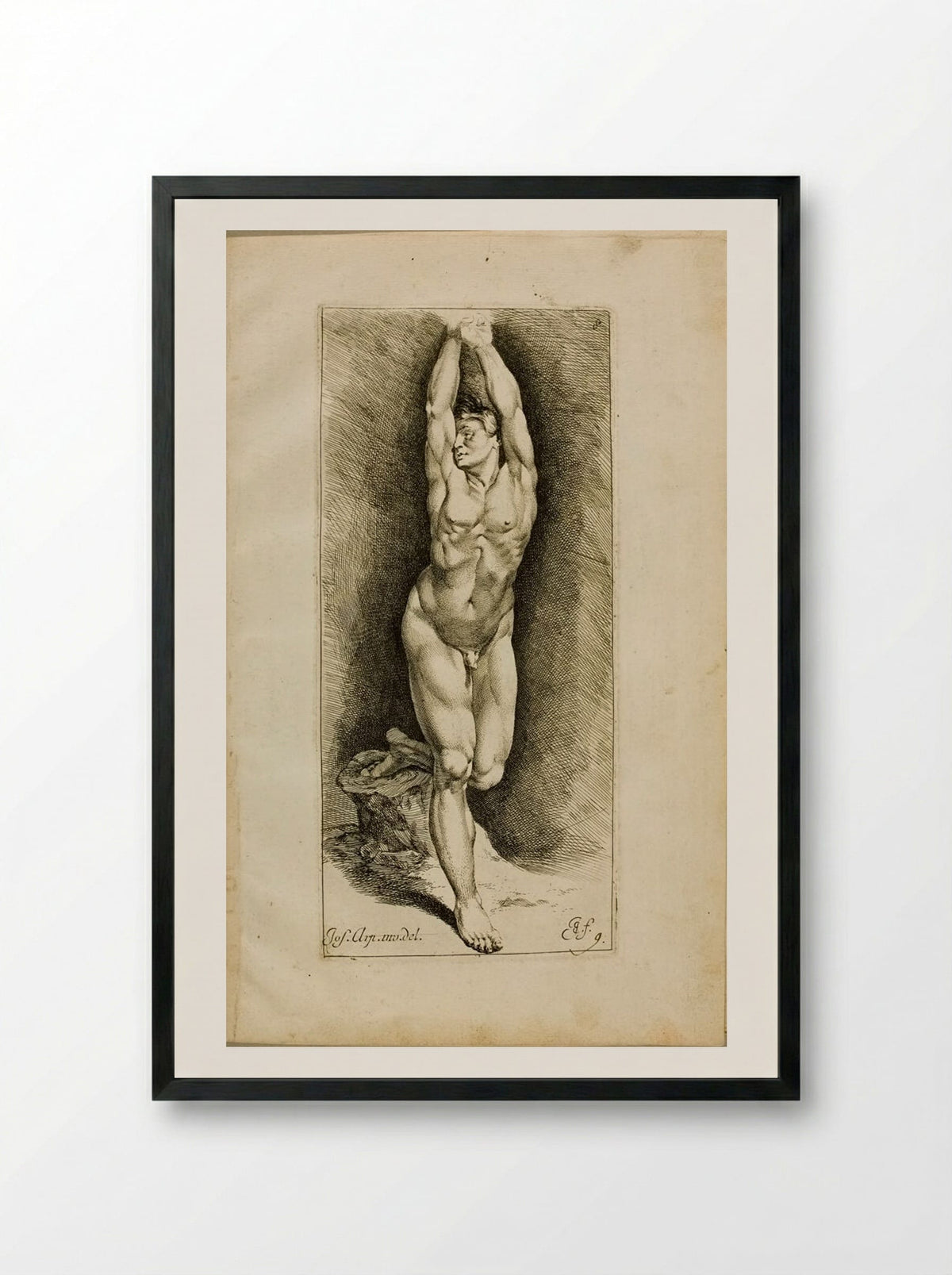 Plate 8: A Male Nude with Raised Arms - Jan de Bisschop - Framed Print Black