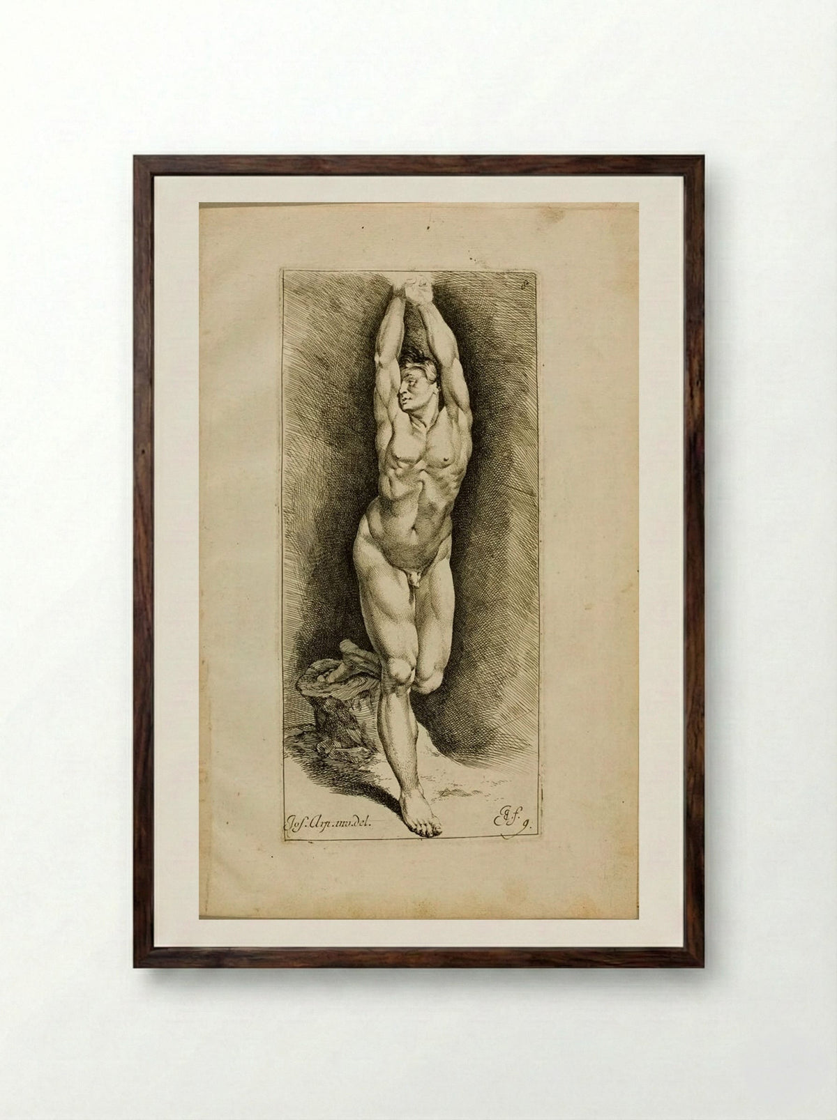 Plate 8: A Male Nude with Raised Arms - Jan de Bisschop - Framed Print Dark Wood