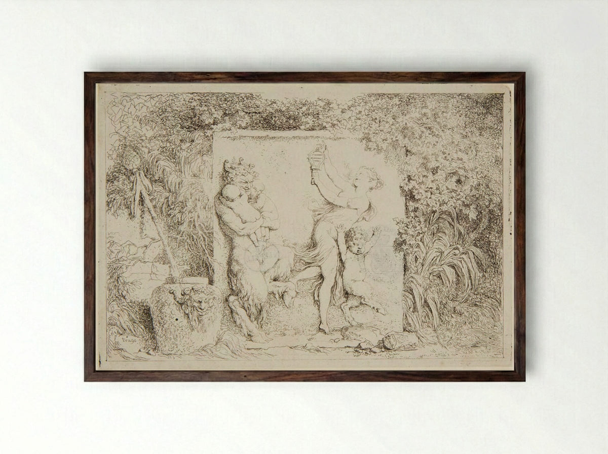 Plate Four: Dancing Nymph Shaking a Sistrum at a Satyr Holding Two Babies - Jean-Honoré Fragonard - Framed Print Dark Wood