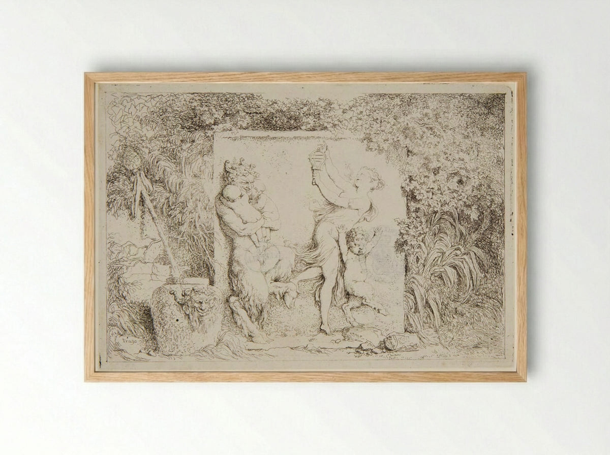 Plate Four: Dancing Nymph Shaking a Sistrum at a Satyr Holding Two Babies - Jean-Honoré Fragonard - Framed Print Wood