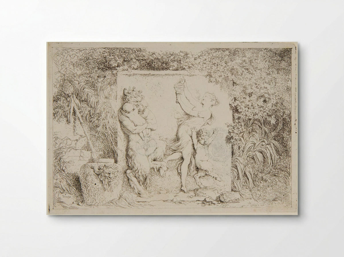 Plate Four: Dancing Nymph Shaking a Sistrum at a Satyr Holding Two Babies - Jean-Honoré Fragonard - Poster