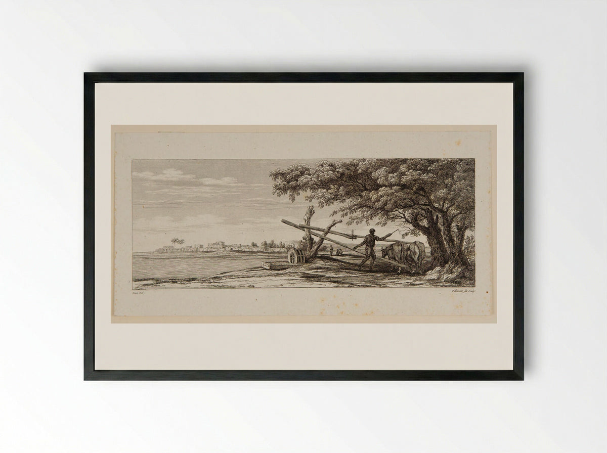 Plate II (Rural Scene with Oxen and Water Wheel) - Victor Pillement - Framed Print Black