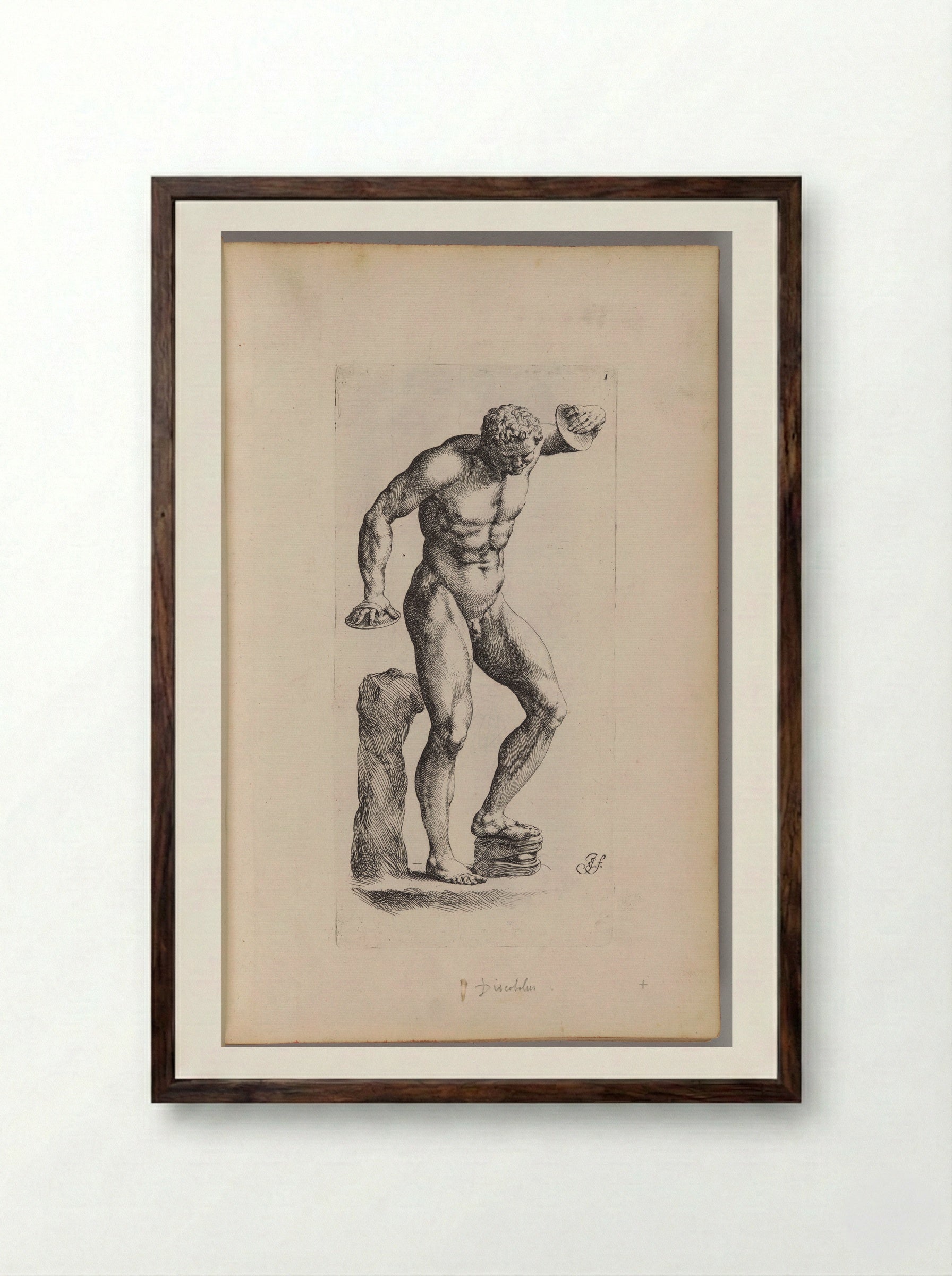 Plate I: Satyr Beating Time with a Wooden Foot-clapper - Jan de Bisschop - Framed Print Dark Wood