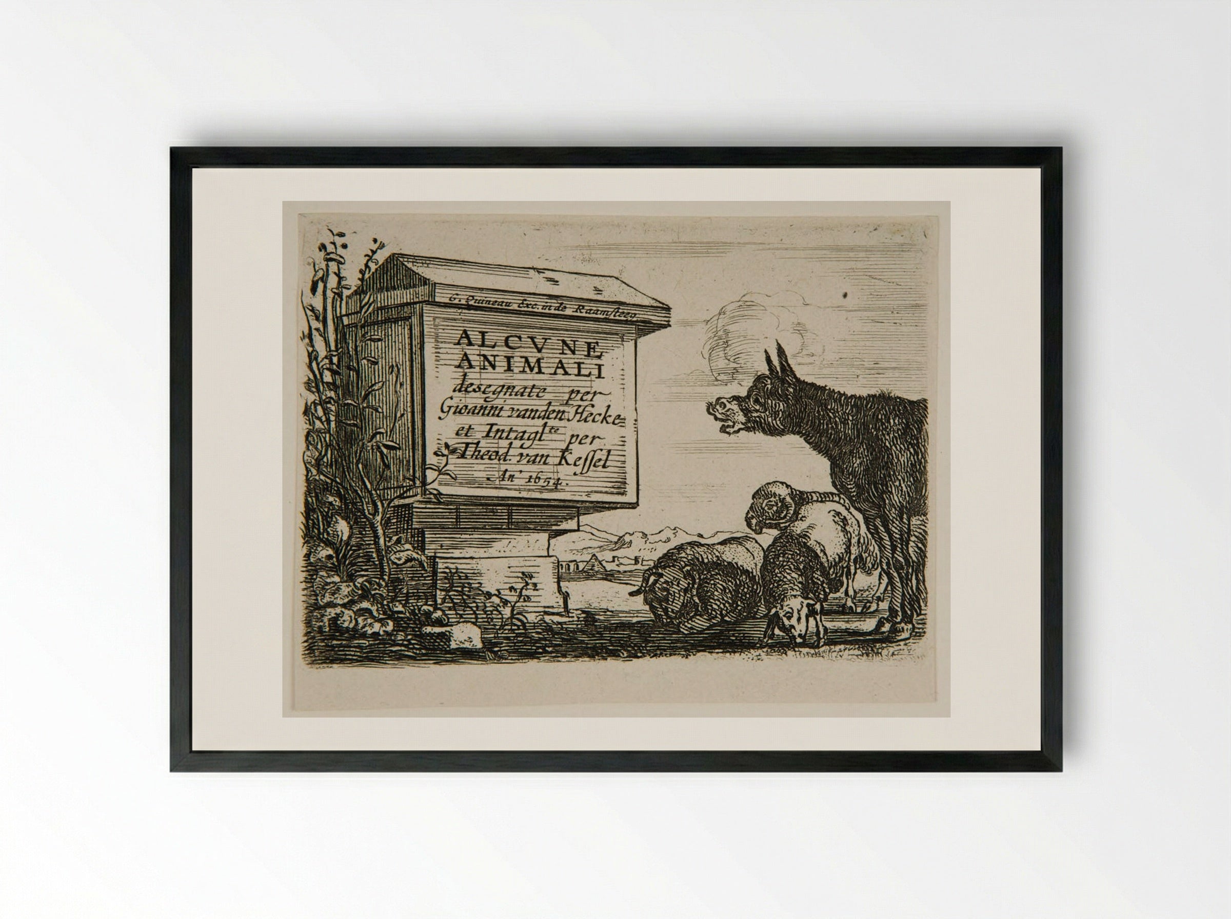 Plate One (Frontispiece to Alcune Animali) - Theodor van Kessel - Framed Print Black