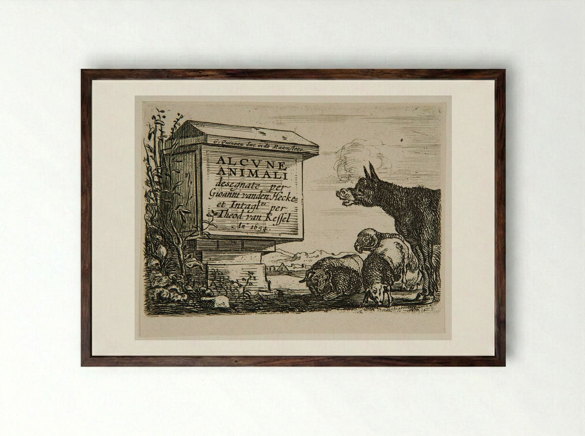 Plate One (Frontispiece to Alcune Animali) - Theodor van Kessel - Framed Print Dark Wood