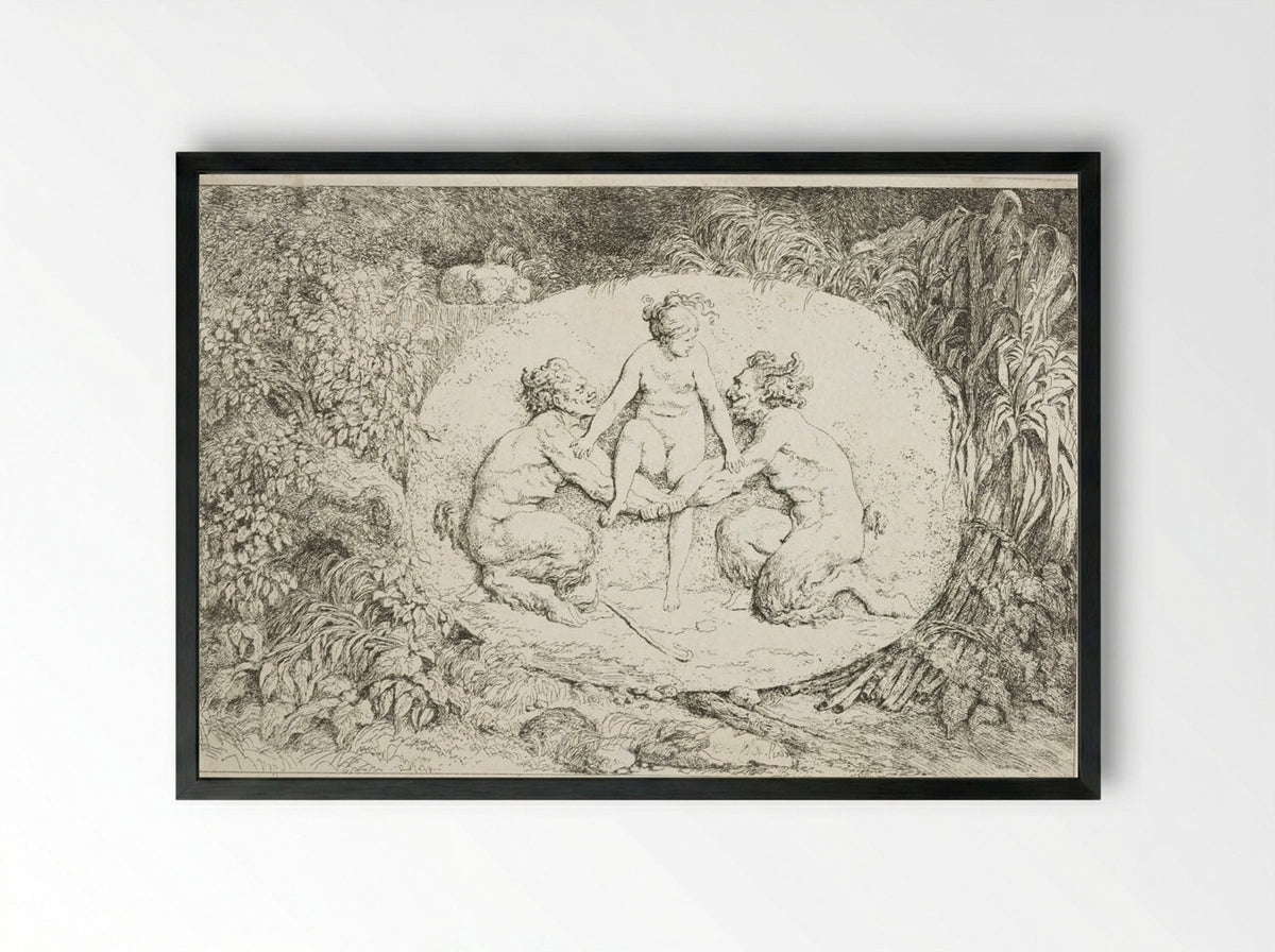 Plate One: Nymph Stepping Over the Arms of Two Satyrs - Jean-Honoré Fragonard - Framed Print Black