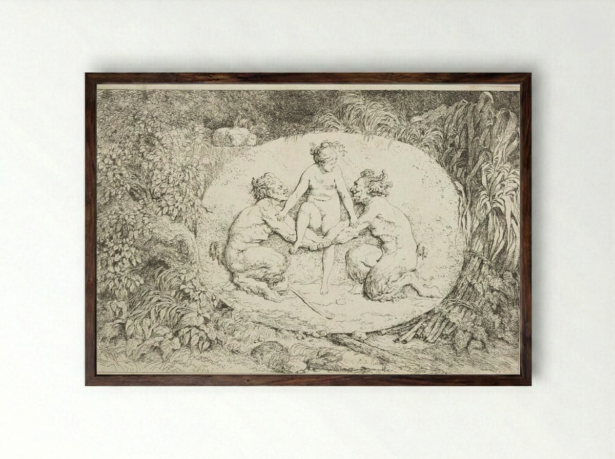 Plate One: Nymph Stepping Over the Arms of Two Satyrs - Jean-Honoré Fragonard - Framed Print Dark Wood
