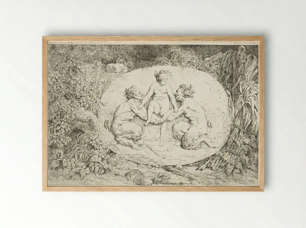Plate One: Nymph Stepping Over the Arms of Two Satyrs - Jean-Honoré Fragonard - Framed Print Wood