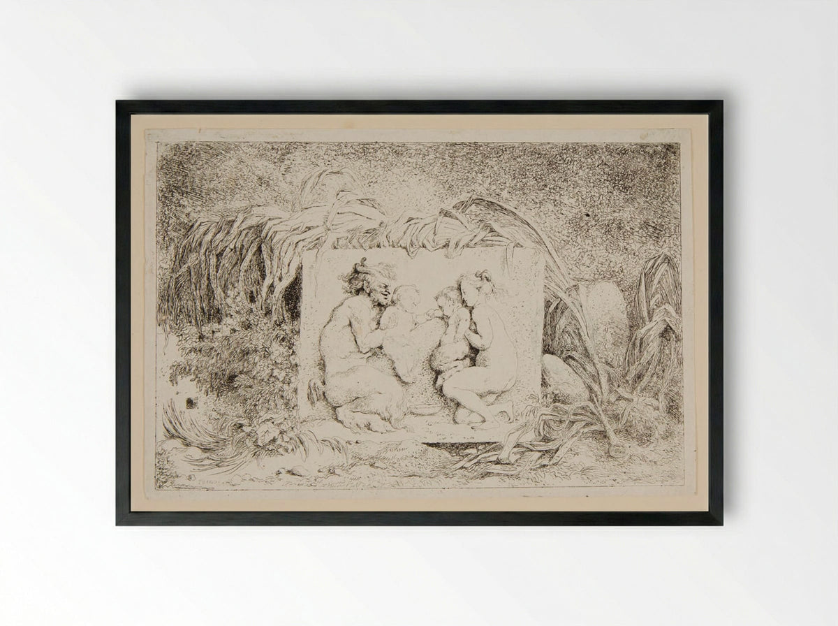 Plate Three: Betrothal of a Baby Satyr and Baby Nymph Held by a Nymph and a Satyr - Jean-Honoré Fragonard - Framed Print Black