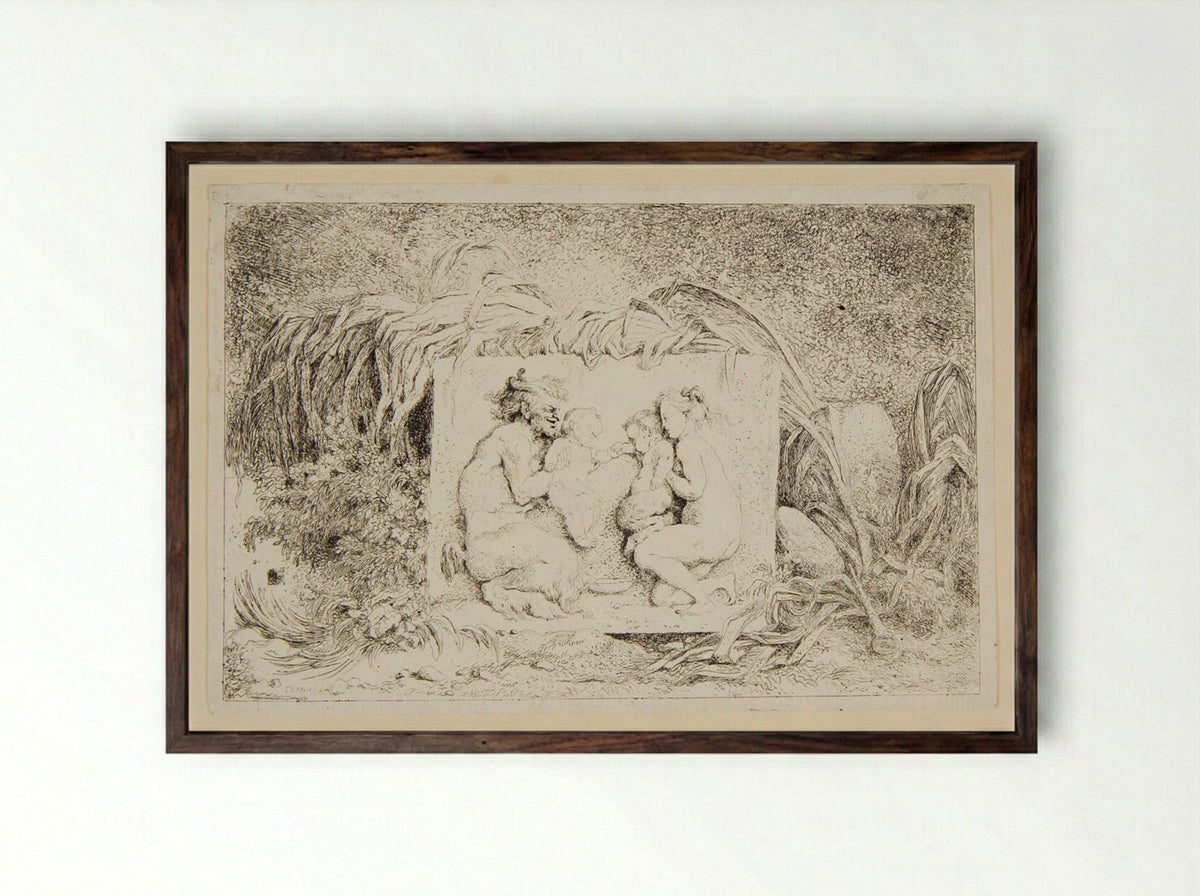 Plate Three: Betrothal of a Baby Satyr and Baby Nymph Held by a Nymph and a Satyr - Jean-Honoré Fragonard - Framed Print Dark Wood
