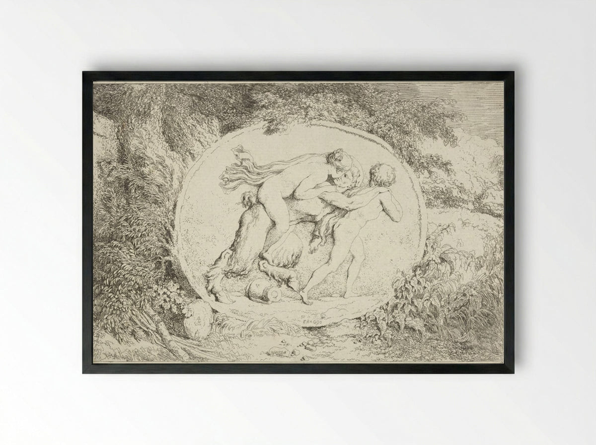 Plate Three: Young Girl Astride a Satyr - Jean-Honoré Fragonard - Framed Print Black