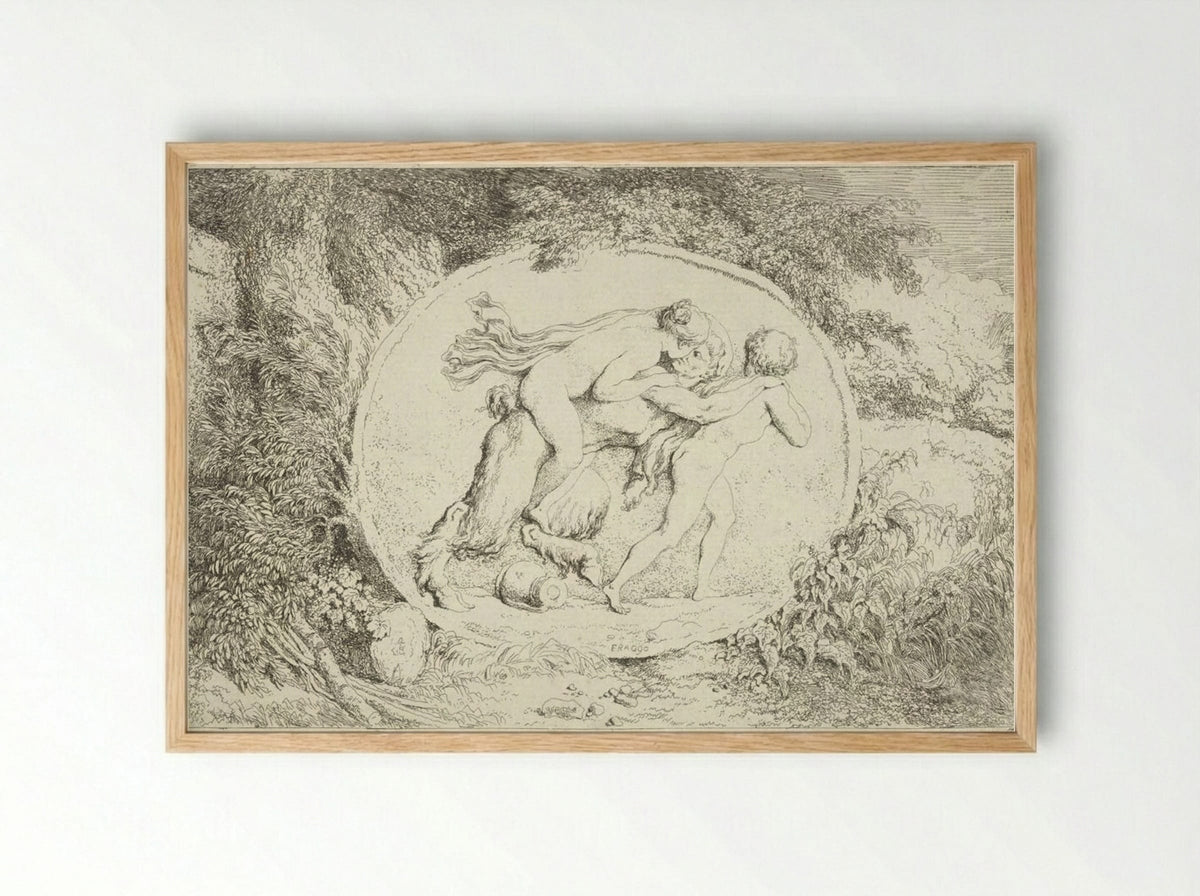 Plate Three: Young Girl Astride a Satyr - Jean-Honoré Fragonard - Framed Print Wood