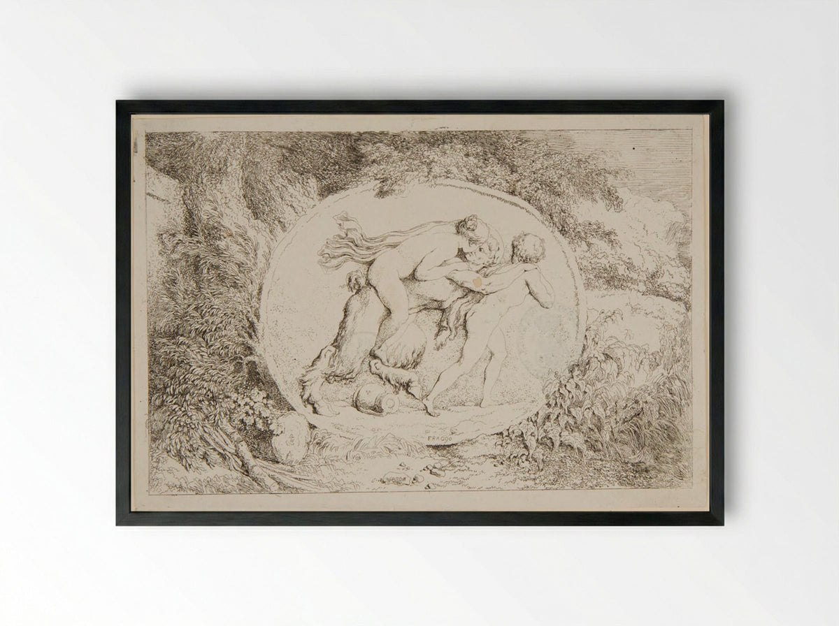 Plate Two: Satyr Carrying a Nymph on His Back and Led by a Youth - Jean-Honoré Fragonard - Framed Print Black