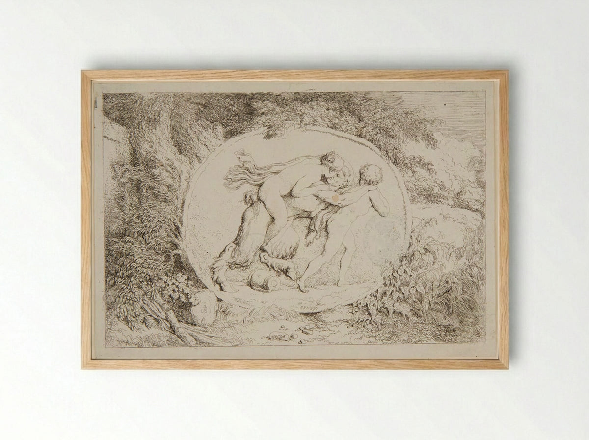 Plate Two: Satyr Carrying a Nymph on His Back and Led by a Youth - Jean-Honoré Fragonard - Framed Print Wood