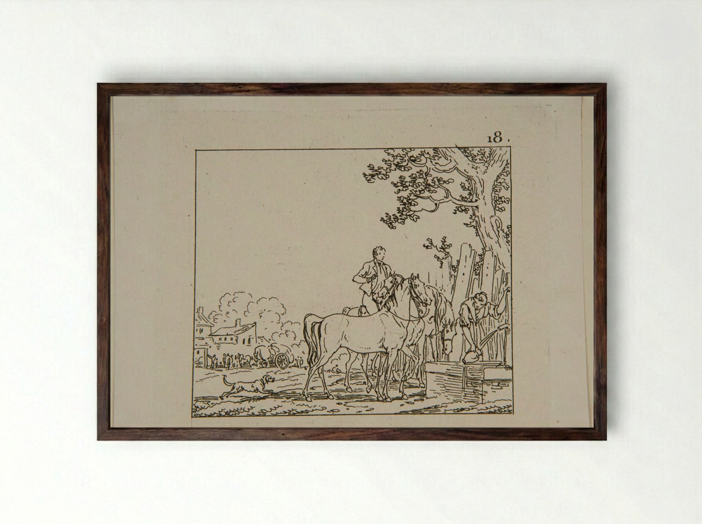 Plate VII (Horsemen at a Well) - Jacques-Francois-Joseph Swebach - Framed Print Dark Wood