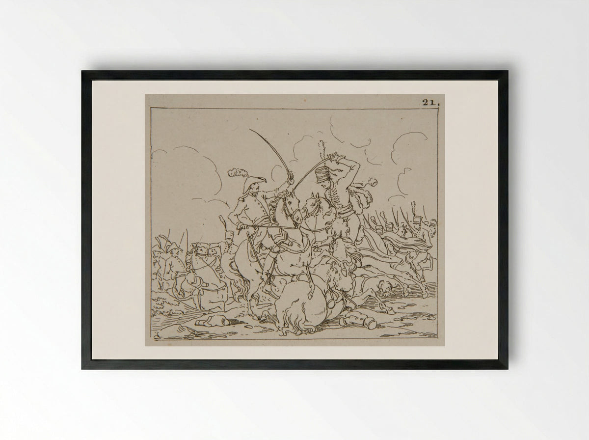 Plate VIII (Cavalry Skirmish) - Jacques-Francois-Joseph Swebach - Framed Print Black