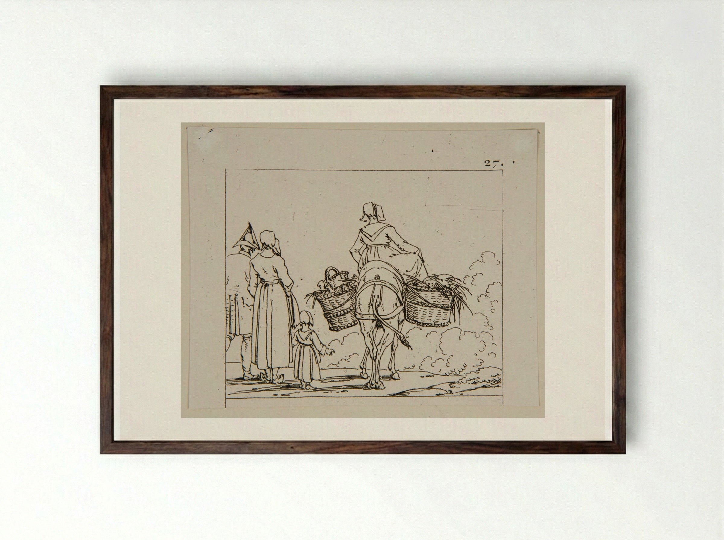 Plate XII (Peasant Family with Donkey) - Jacques-Francois-Joseph Swebach - Framed Print Dark Wood