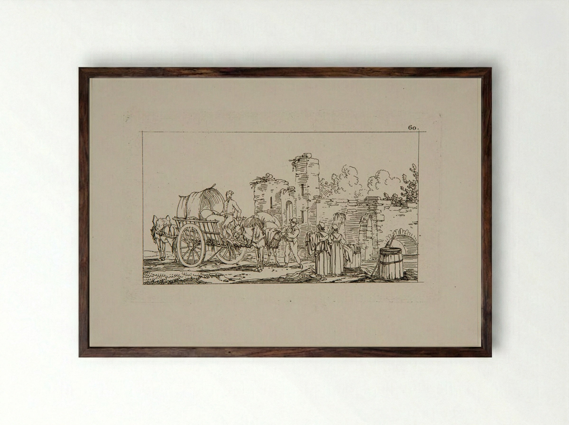 Plate XLI (Rural Scene with Cart and Ruins) - Jacques-Francois-Joseph Swebach - Framed Print Dark Wood