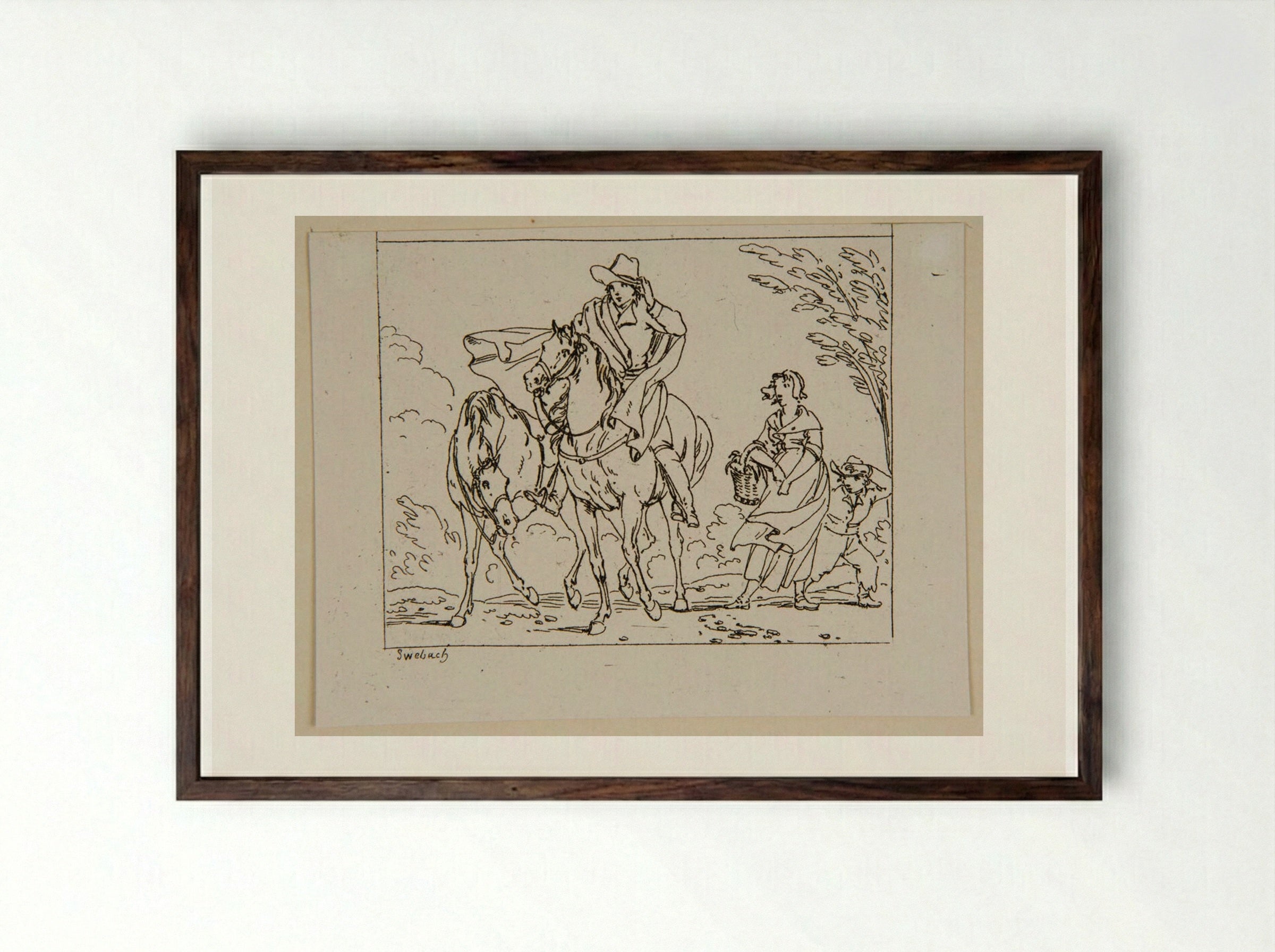 Plate XVI (Rider and Peasant Woman) - Jacques-Francois-Joseph Swebach - Framed Print Dark Wood
