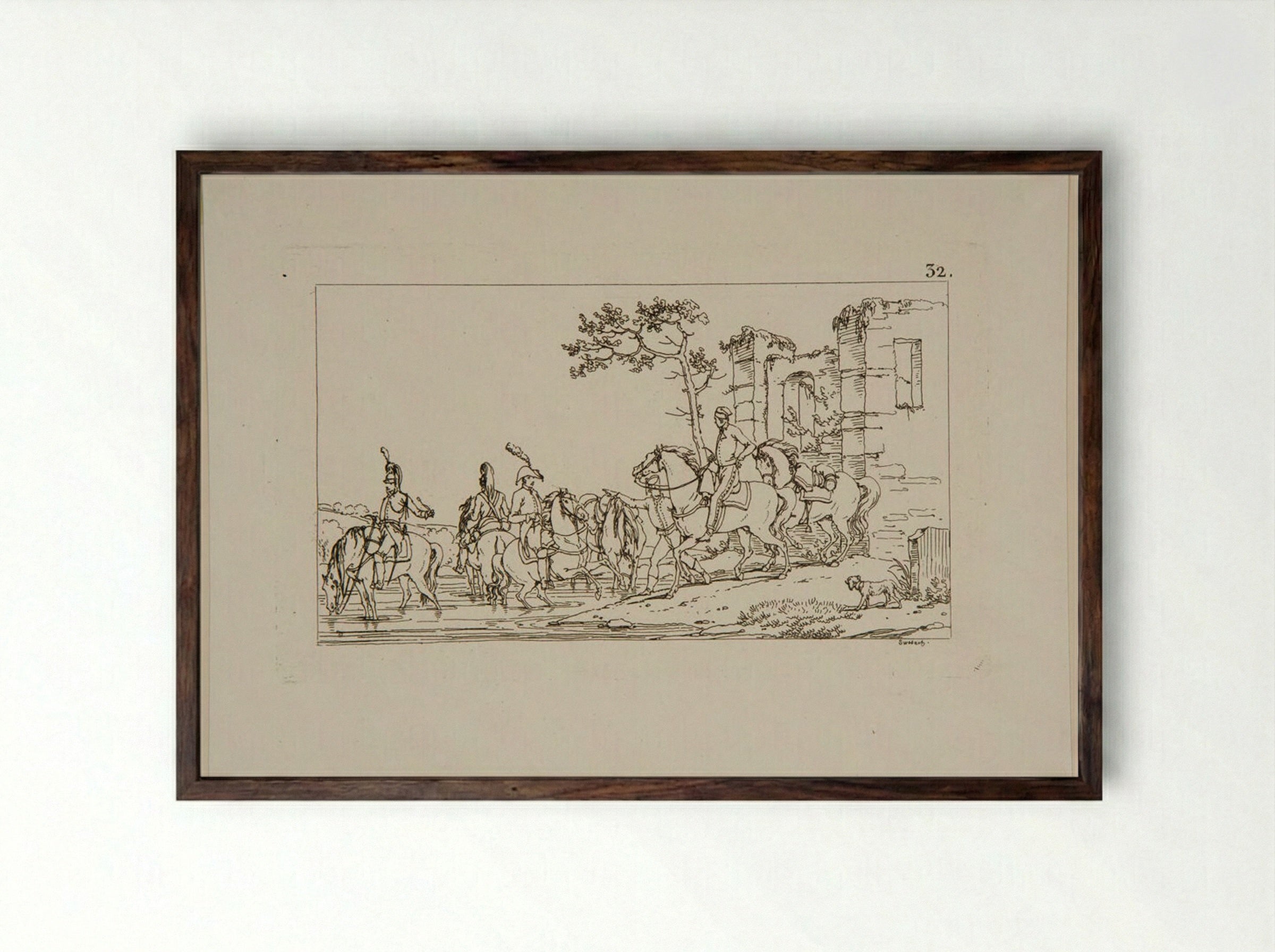 Plate XXIX (Cavalry near Ruins) - Jacques-Francois-Joseph Swebach - Framed Print Dark Wood