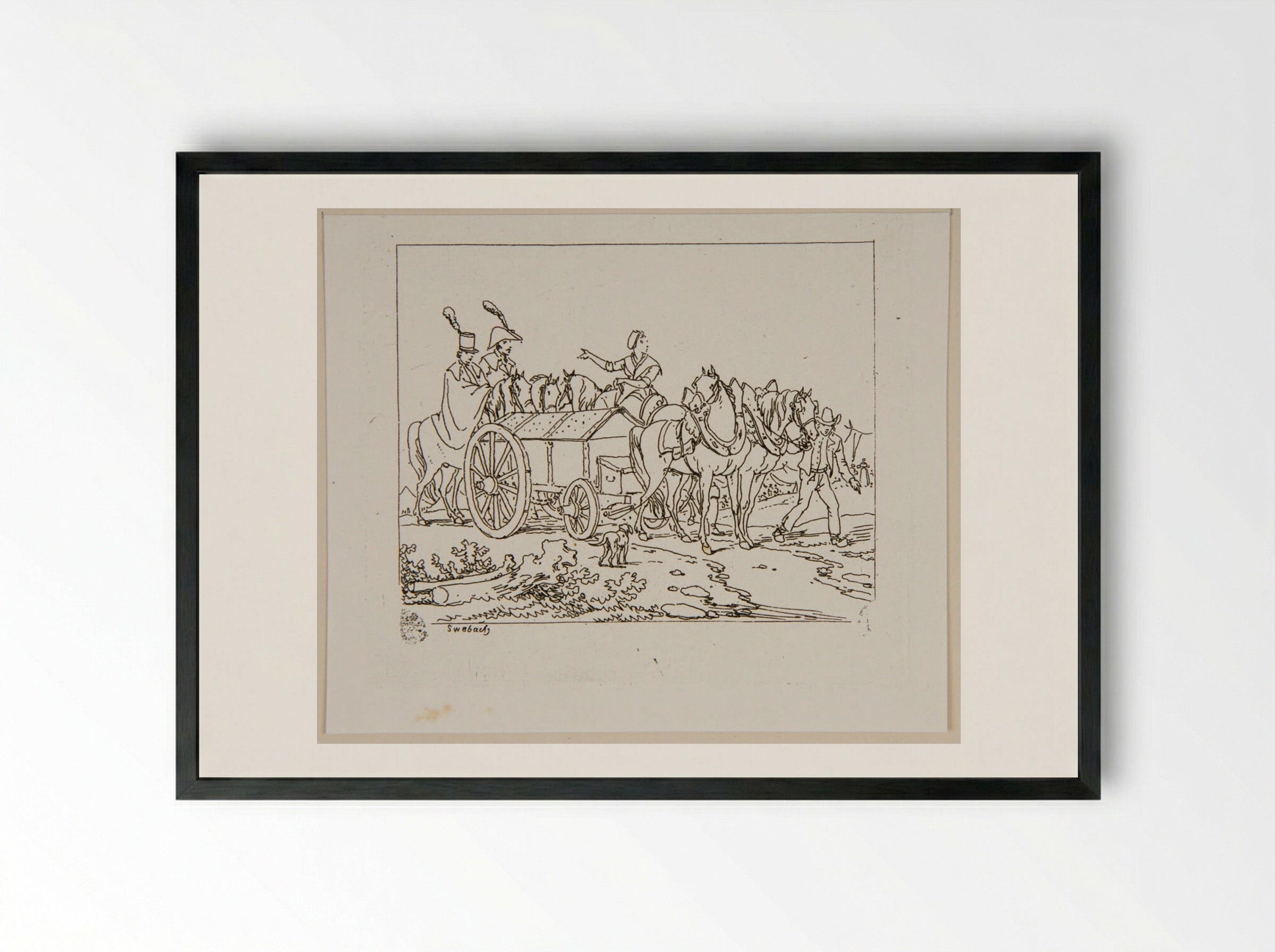 Plate XXVI (Horse-Drawn Carriage and Figures) - Jacques-Francois-Joseph Swebach - Framed Print Black