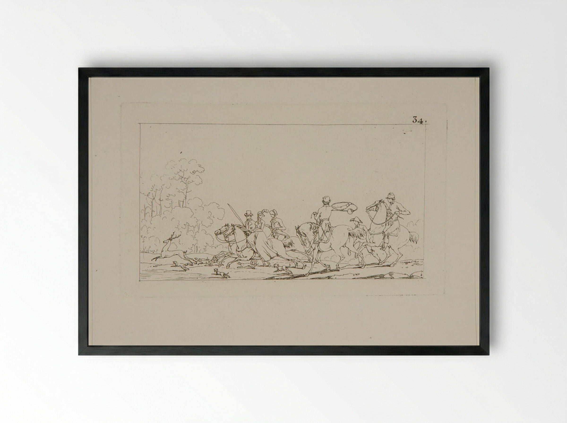 Plate XXXI (Hunting Scene, Etching) - Jacques-Francois-Joseph Swebach - Framed Print Black