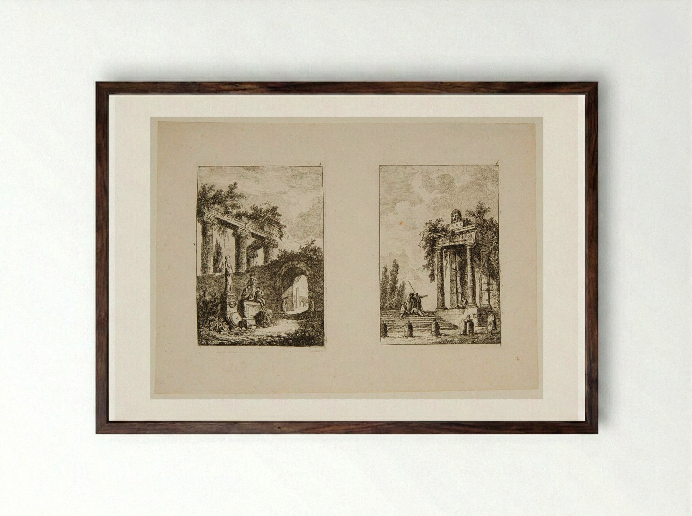Plates III and IV of Les Soirées de Rome - Hubert Robert - Framed Print Dark Wood