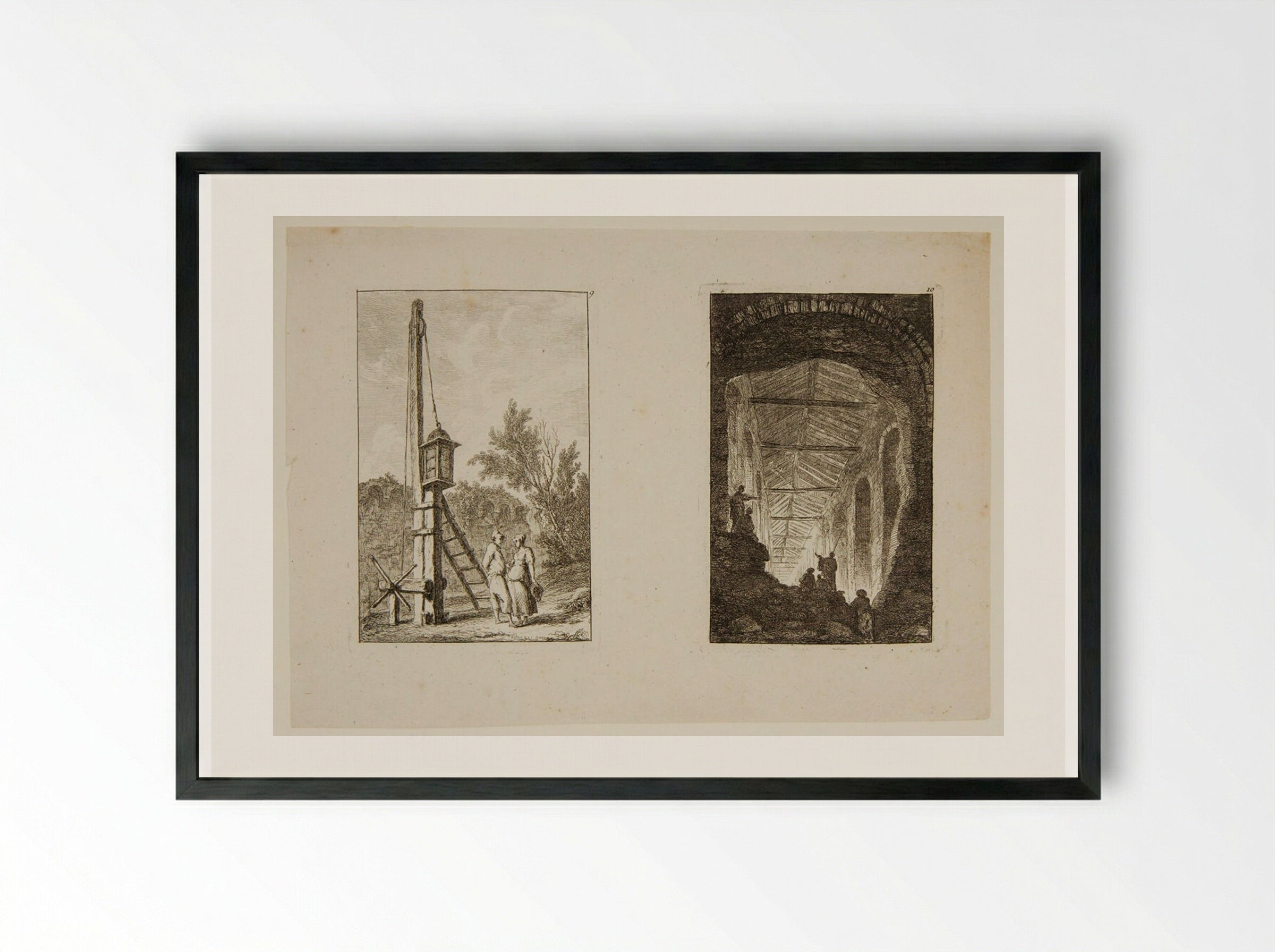 Plates IX and X of Les Soirées de Rome - Hubert Robert - Framed Print Black