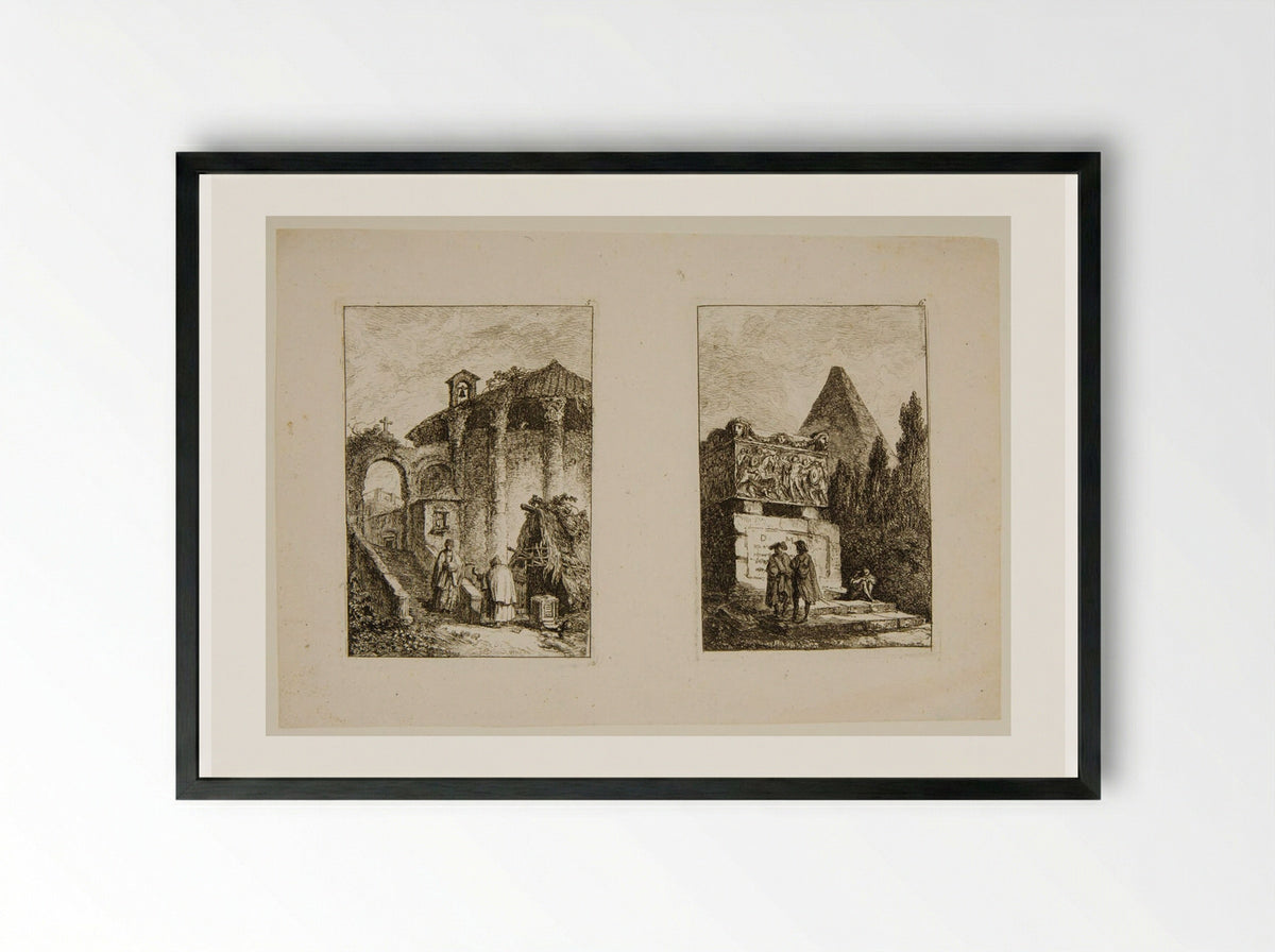 Plates V and VI of Les Soirées de Rome - Hubert Robert - Framed Print Black