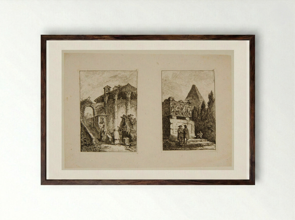 Plates V and VI of Les Soirées de Rome - Hubert Robert - Framed Print Dark Wood