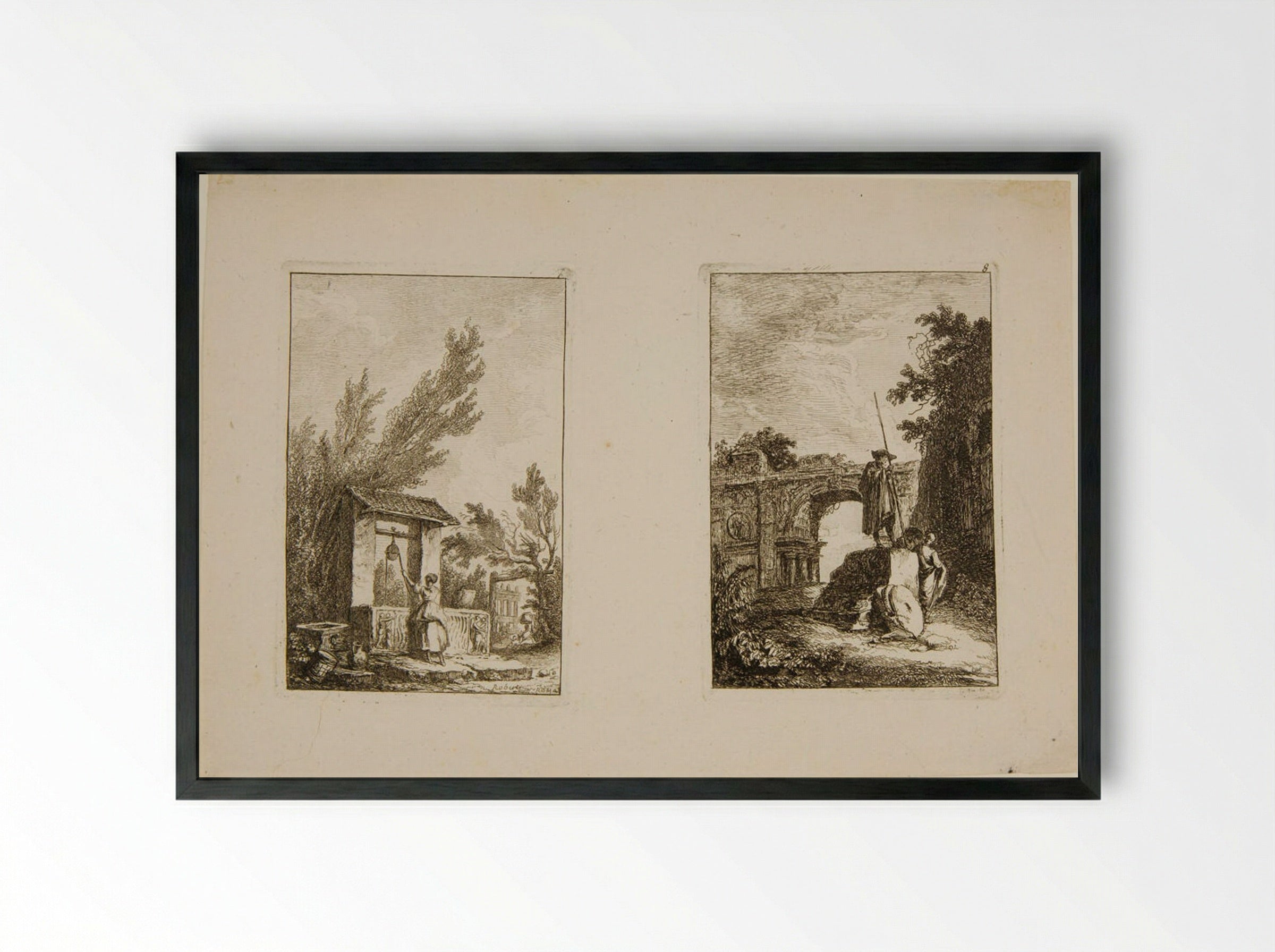 Plates VII and VIII of Les Soirées de Rome - Hubert Robert - Framed Print Black