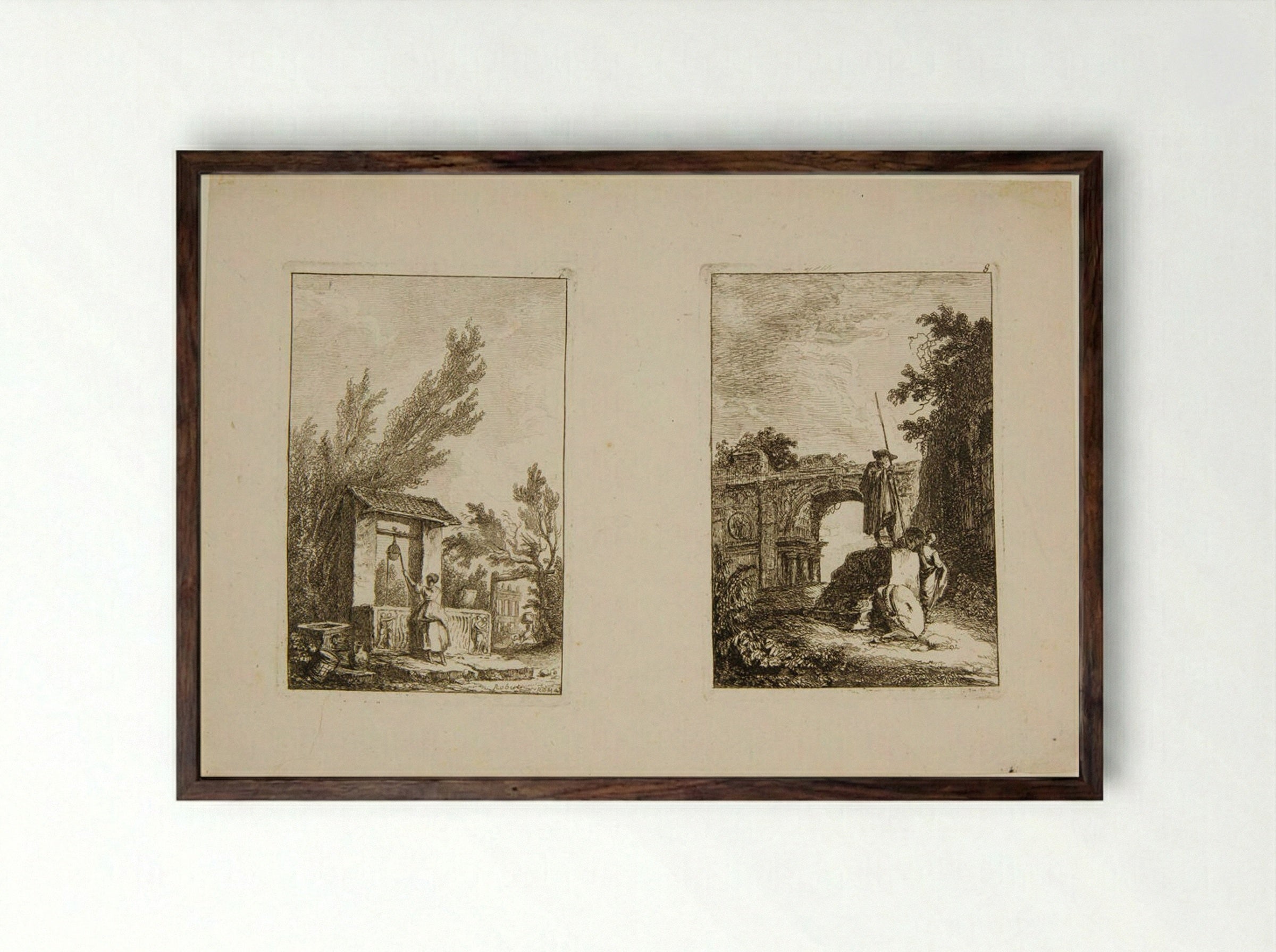Plates VII and VIII of Les Soirées de Rome - Hubert Robert - Framed Print Dark Wood
