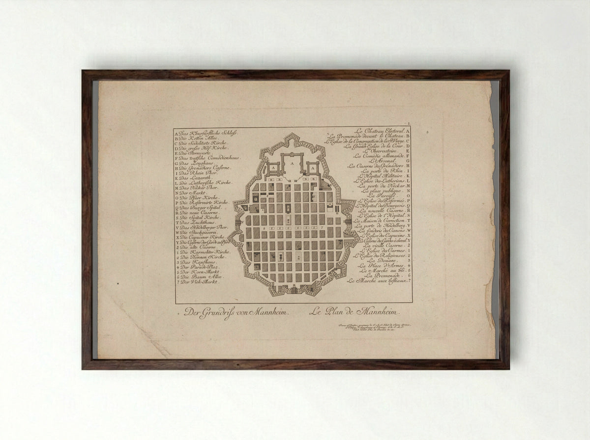 Plattegrond van Mannheim - Christian Friedrich Schwan - Framed Print Dark Wood