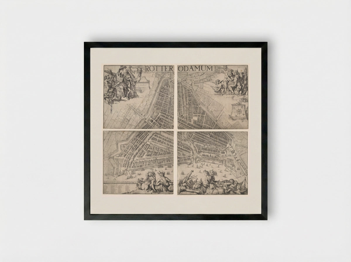 Plattegrond van Rotterdam, bestaande uit vier delen - Romeyn de Hooghe - Framed Print Black