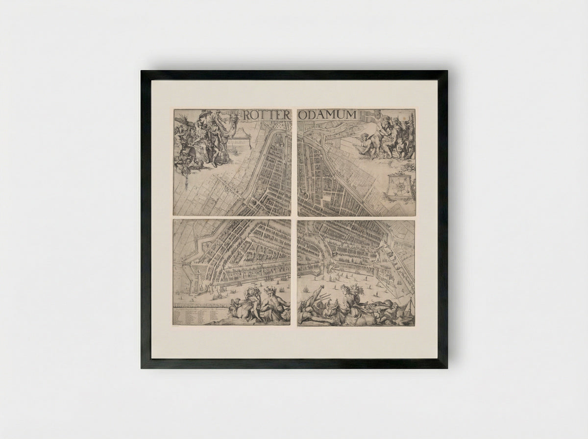 Plattegrond van Rotterdam, bestaande uit vier delen - Romeyn de Hooghe - Framed Print Black