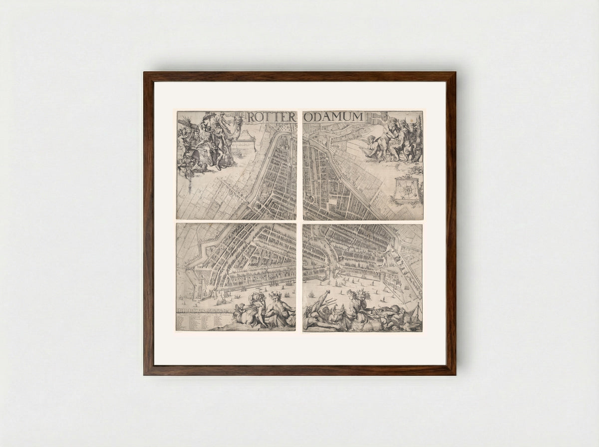 Plattegrond van Rotterdam, bestaande uit vier delen - Romeyn de Hooghe - Framed Print Dark Wood