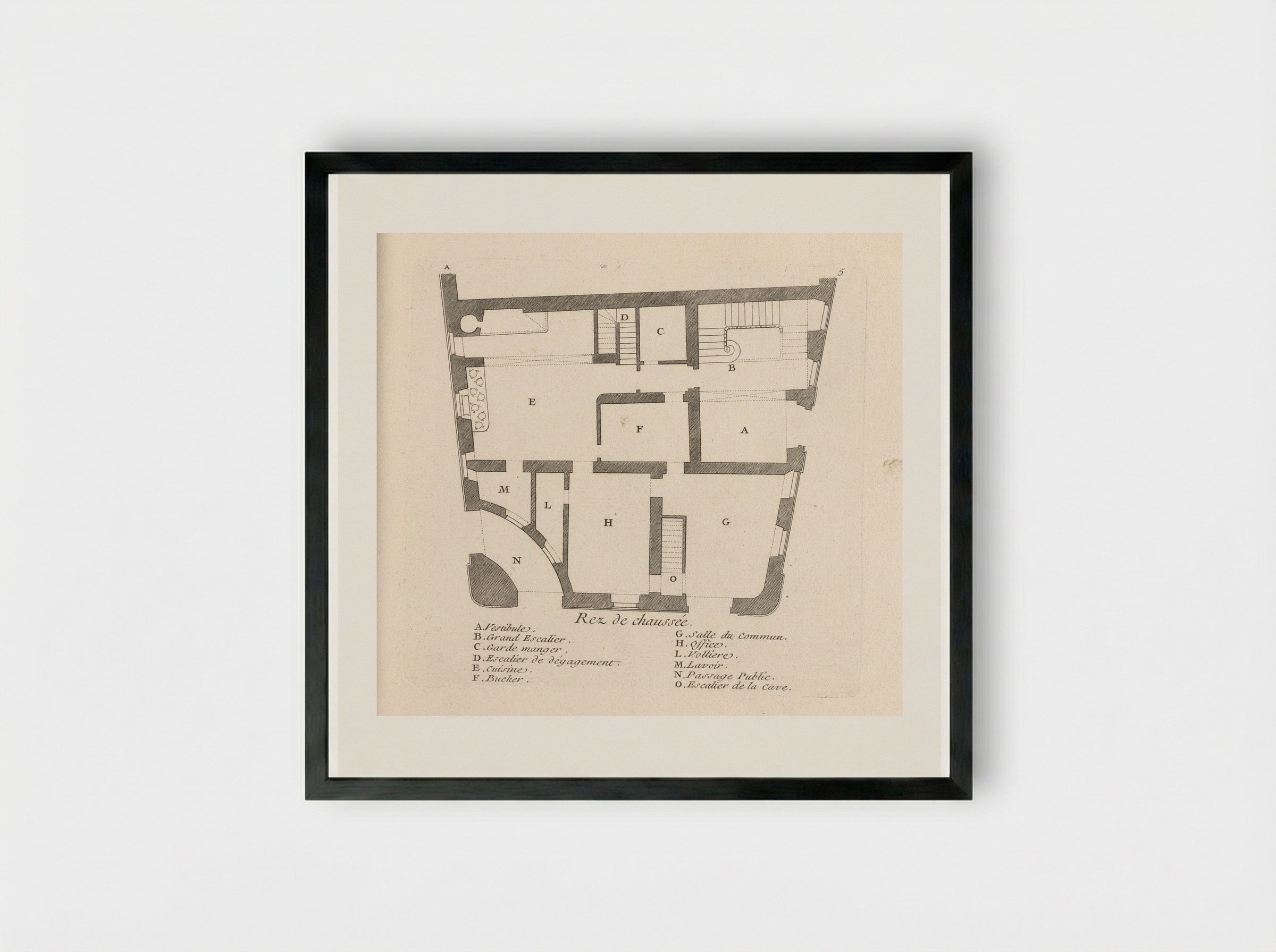 Plattegrond van de begane grond van het huis van Léon Berthous in Bayonne - Gabriel Huquier - Framed Print Black