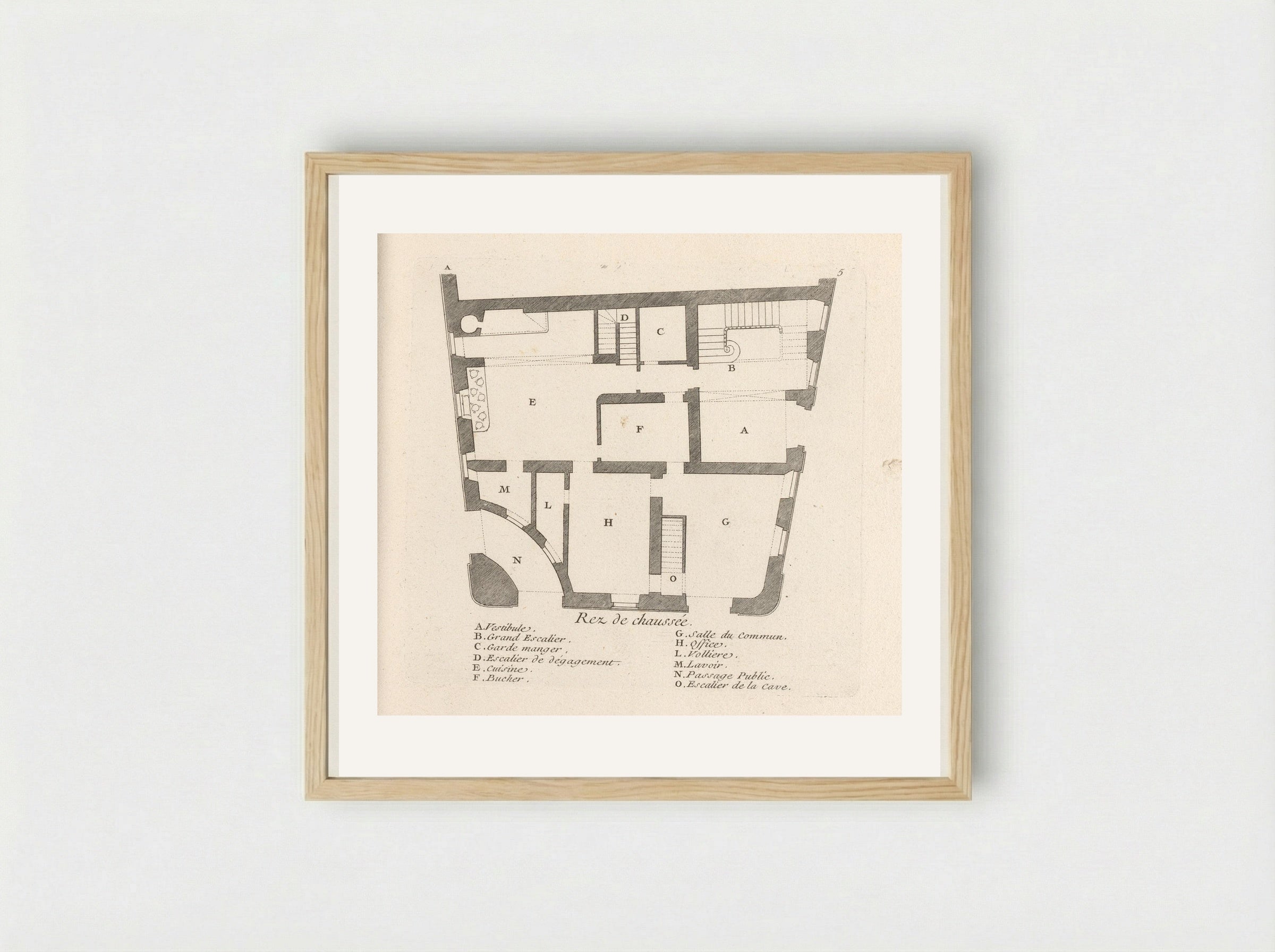 Plattegrond van de begane grond van het huis van Léon Berthous in Bayonne - Gabriel Huquier - Framed Print Wood