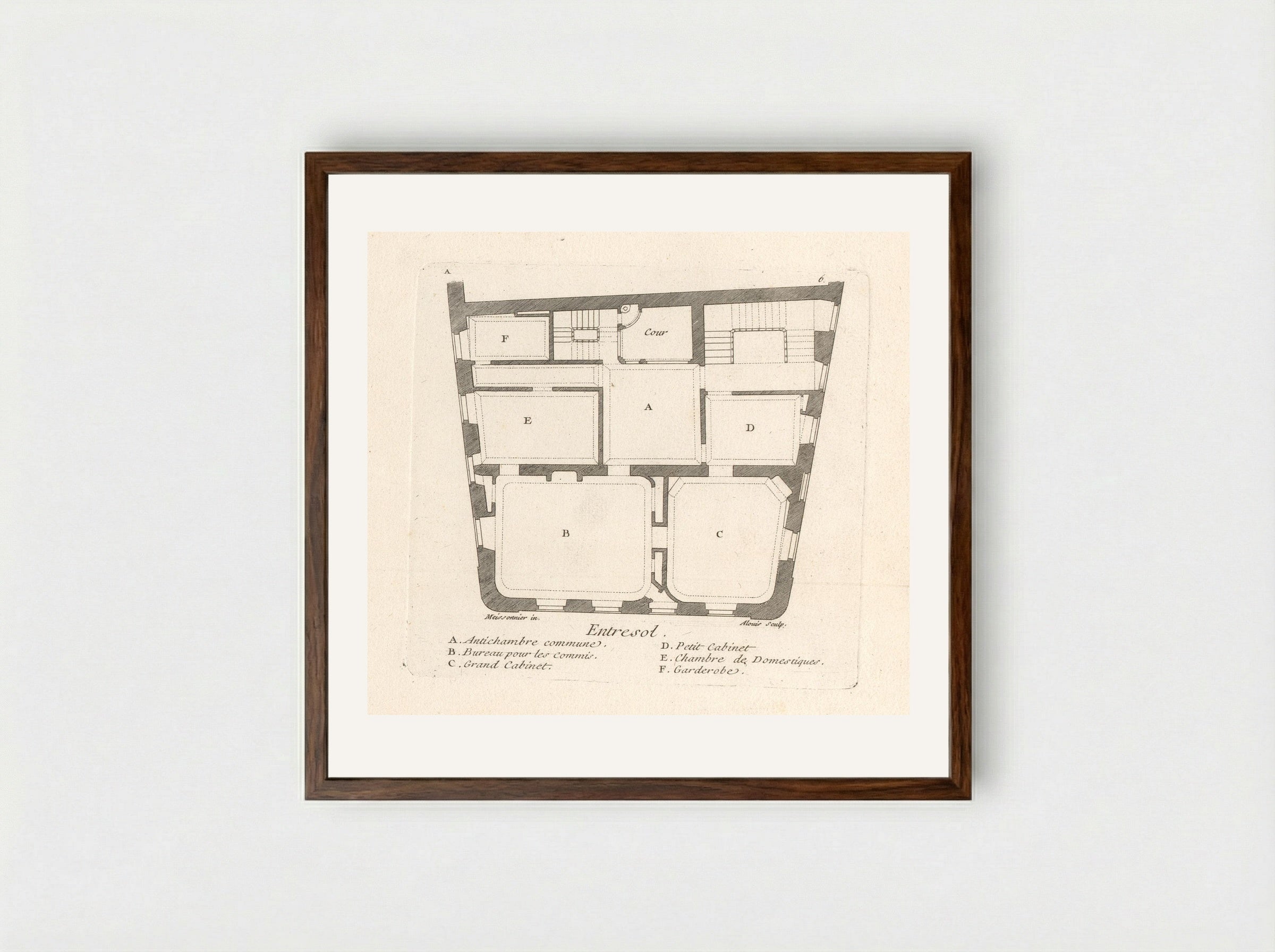Plattegrond van de entresol van het huis van Léon Berthous in Bayonne - Gabriel Huquier - Framed Print Dark Wood