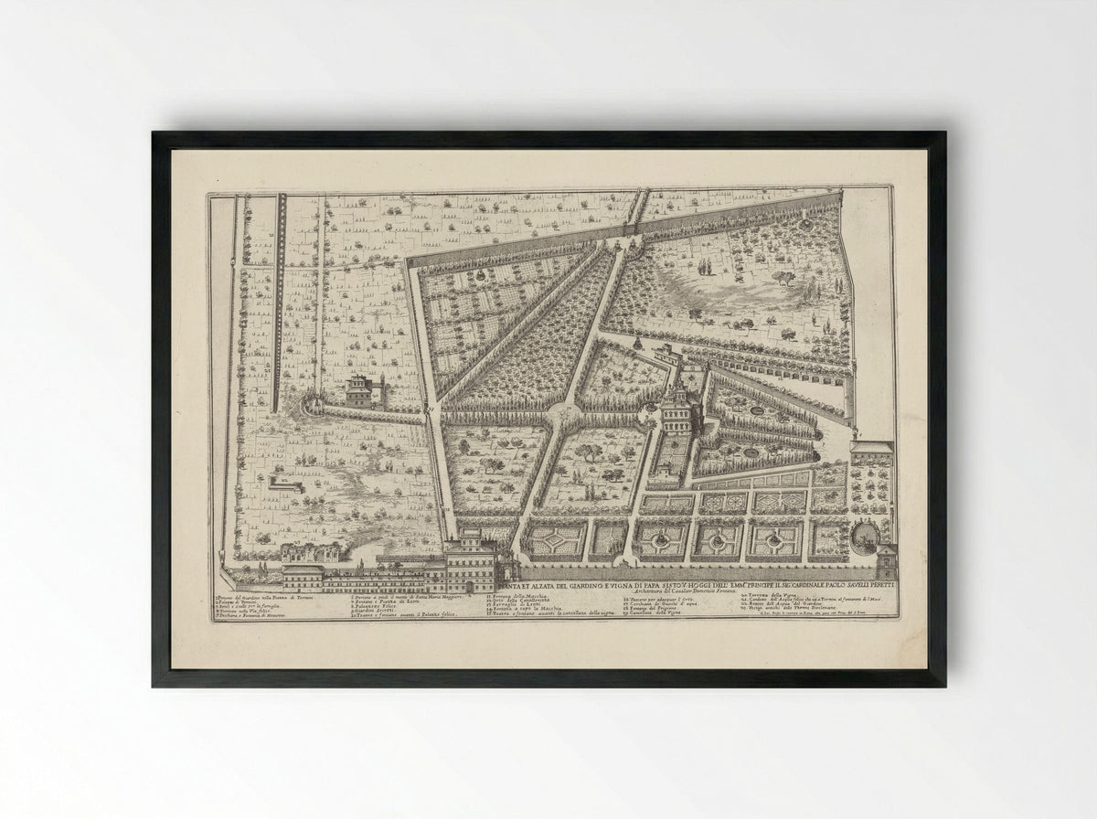 Plattegrond van de tuin en wijngaard van paus Sixtus V en de tuin van kardinaal Paolo Savelli - Giovanni Battista Falda - Framed Print Black