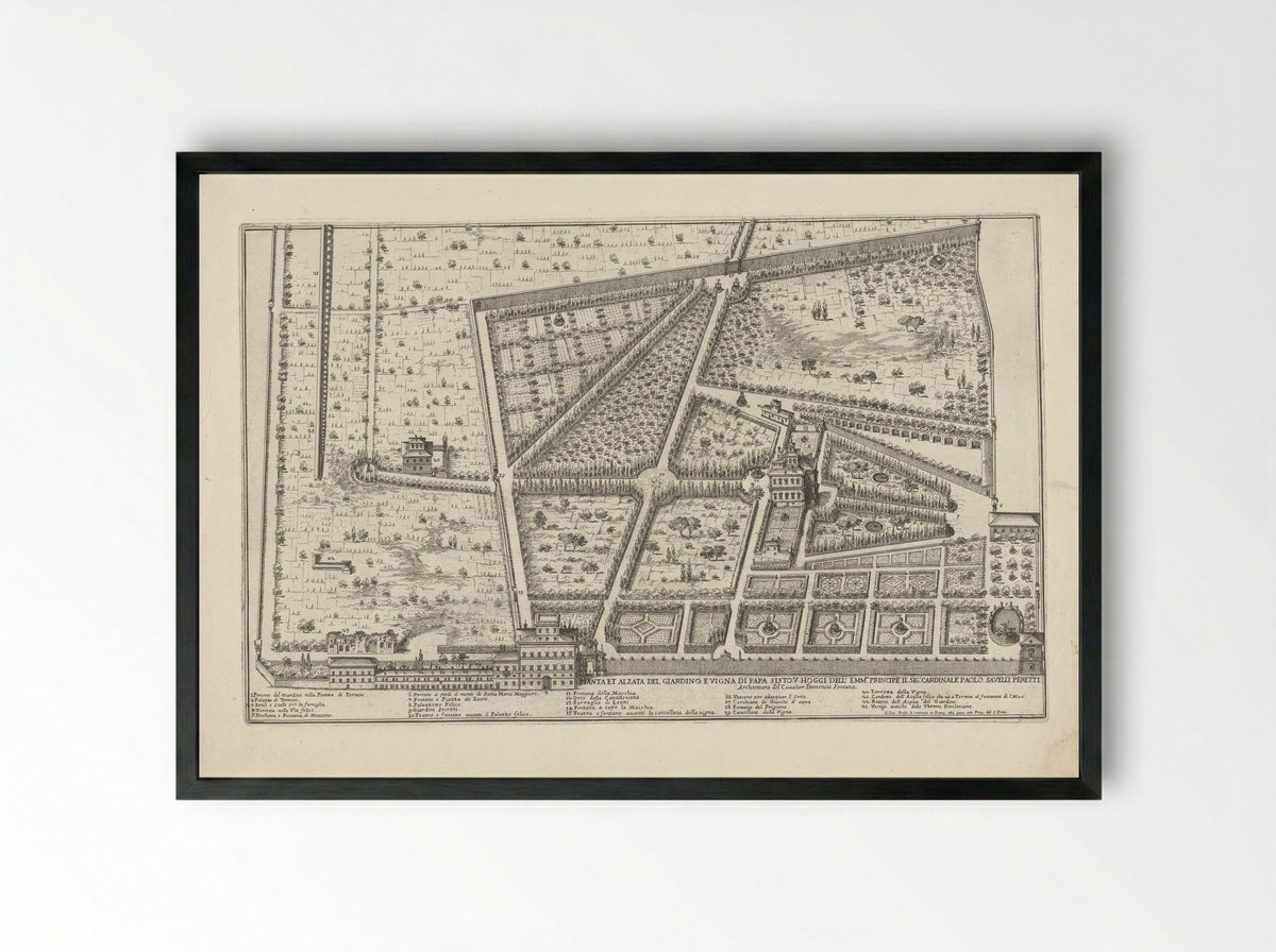 Plattegrond van de tuin en wijngaard van paus Sixtus V en de tuin van kardinaal Paolo Savelli - Giovanni Battista Falda - Framed Print Black