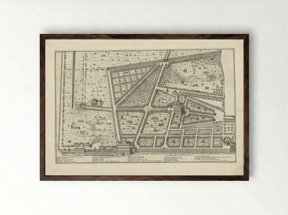 Plattegrond van de tuin en wijngaard van paus Sixtus V en de tuin van kardinaal Paolo Savelli - Giovanni Battista Falda - Framed Print Dark Wood