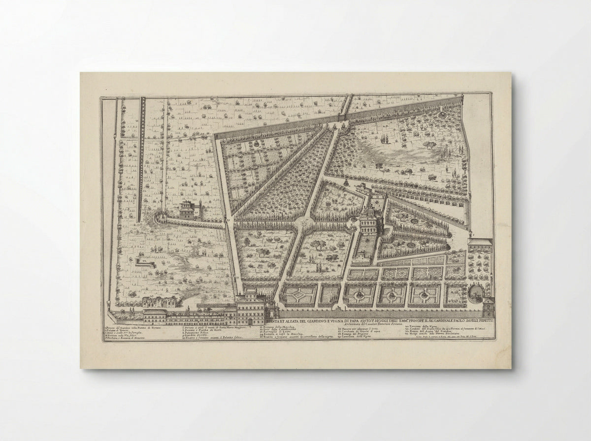 Plattegrond van de tuin en wijngaard van paus Sixtus V en de tuin van kardinaal Paolo Savelli - Giovanni Battista Falda - Poster