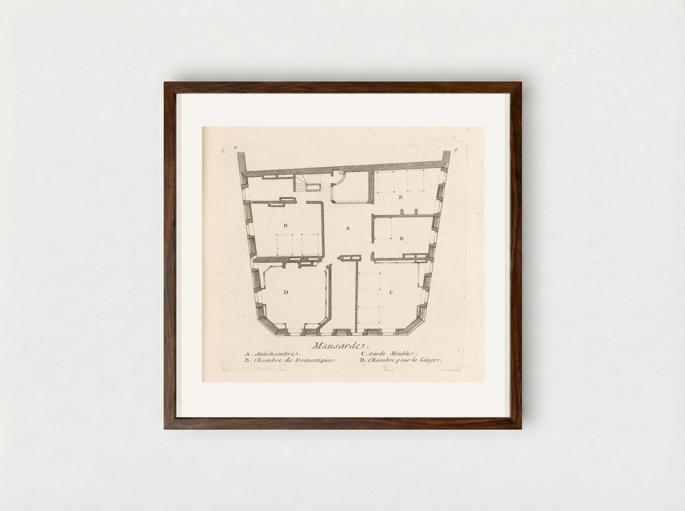 Plattegrond van de zolder van het huis van Léon Brethous in Bayonne - Gabriel Huquier - Framed Print Dark Wood