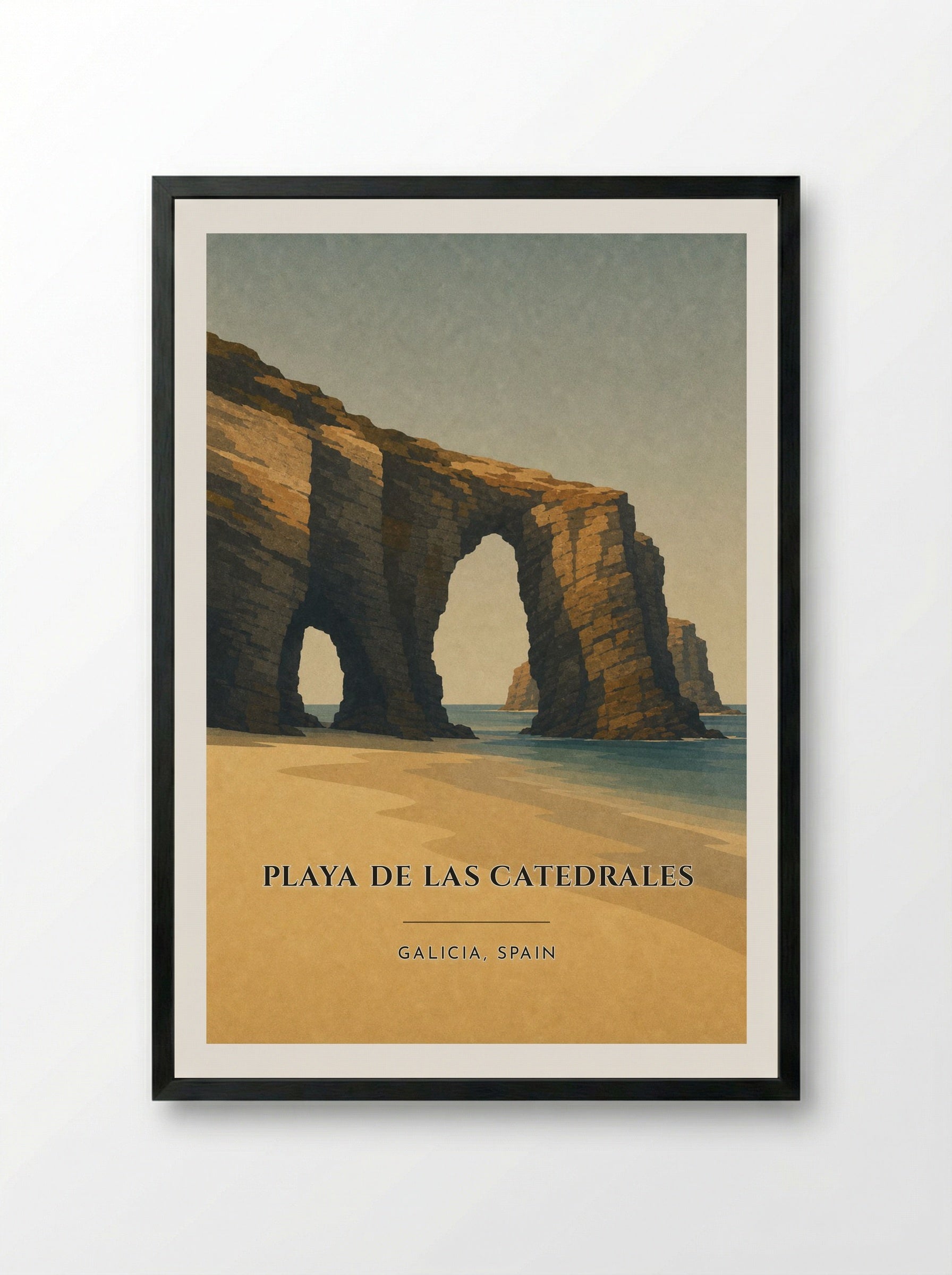 Playa de las Catedrales Travel Poster Artwork - Framed Print Black