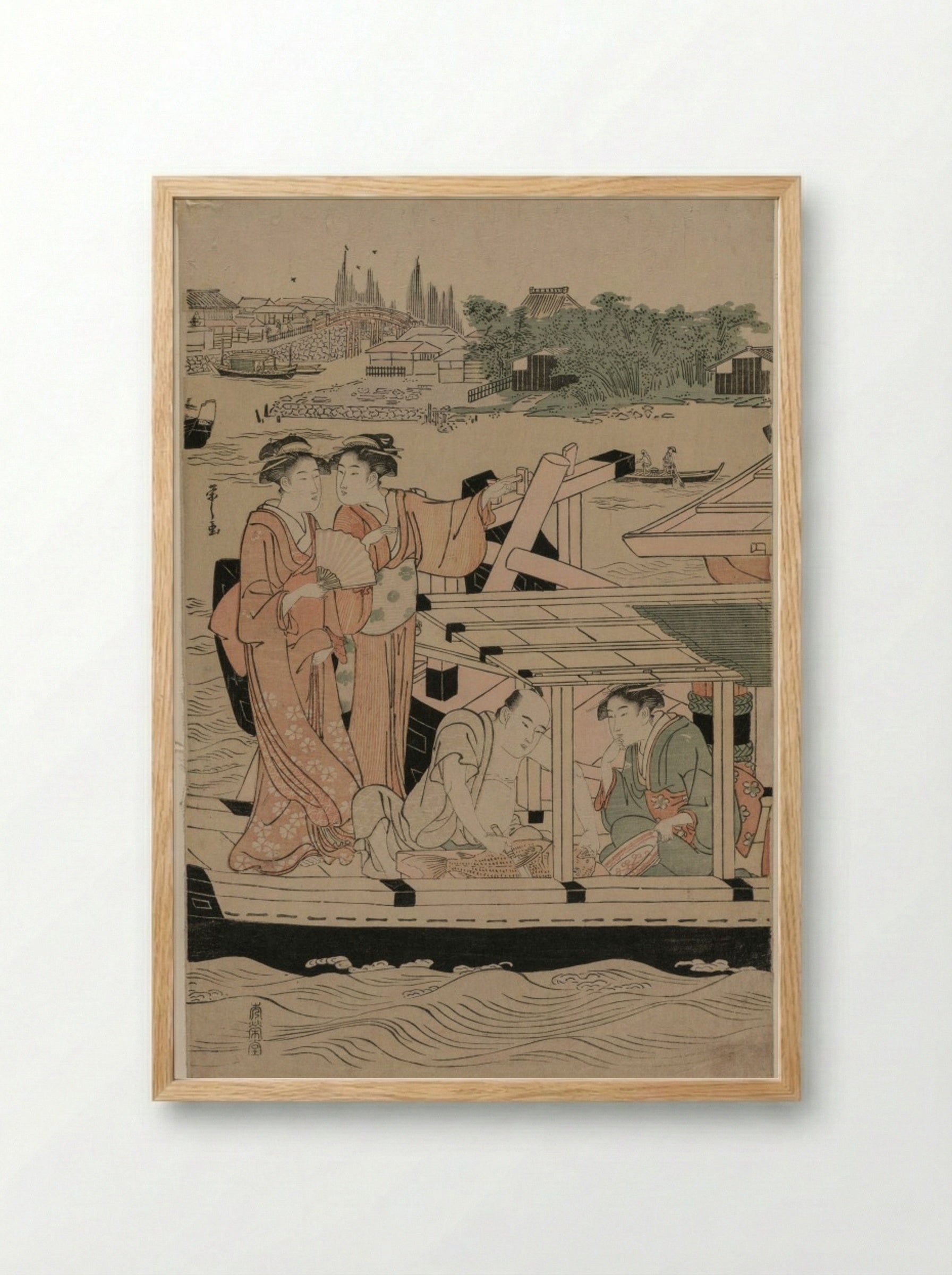 Pleasure Boats on the Sumida River beneath Shin-Ōhashi Bridge (Left Panel) - Chōbunsai Eishi - Framed Print Wood