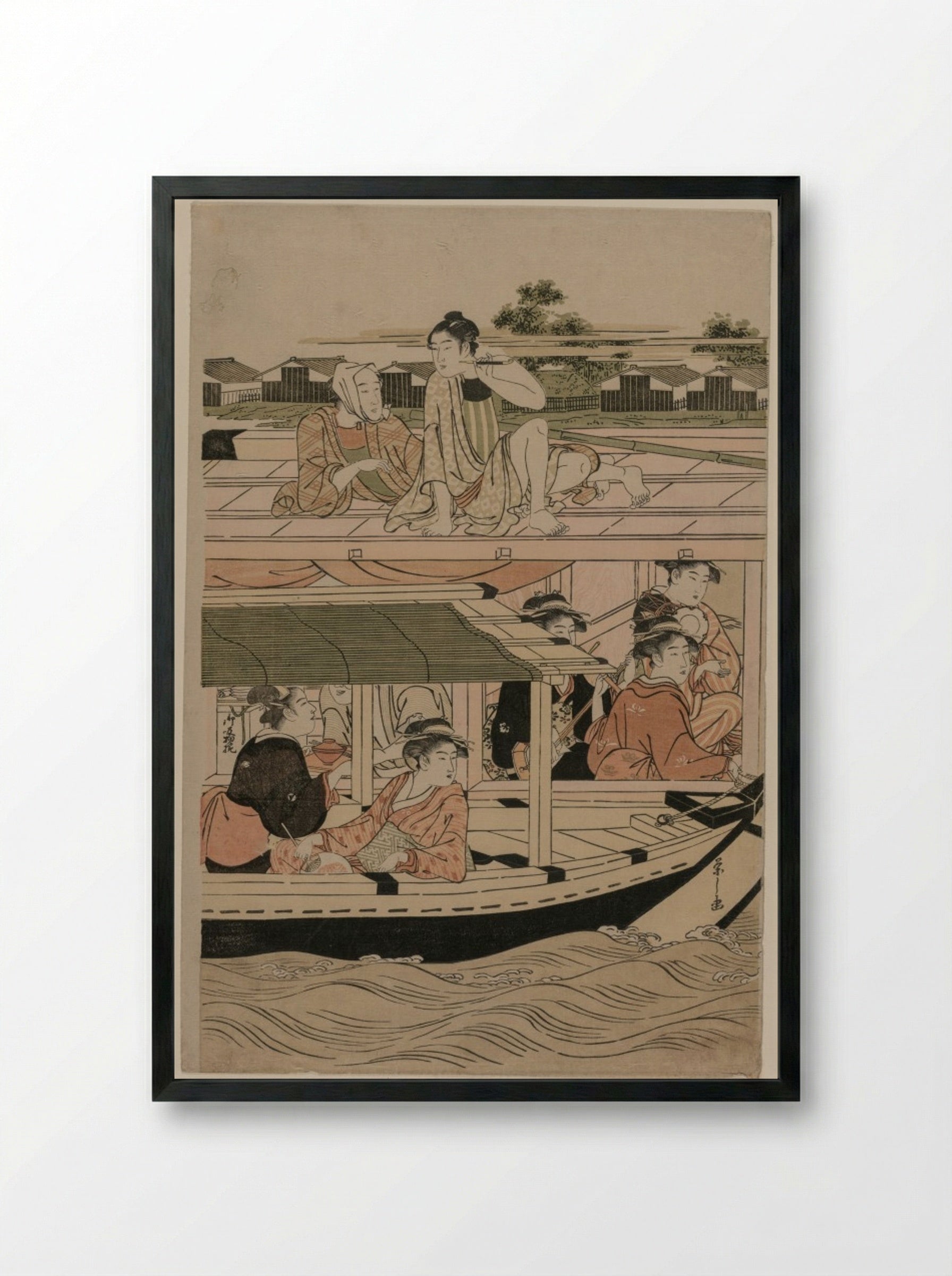 Pleasure Boats on the Sumida River beneath Shin-Ōhashi Bridge - Chōbunsai Eishi - Framed Print Black